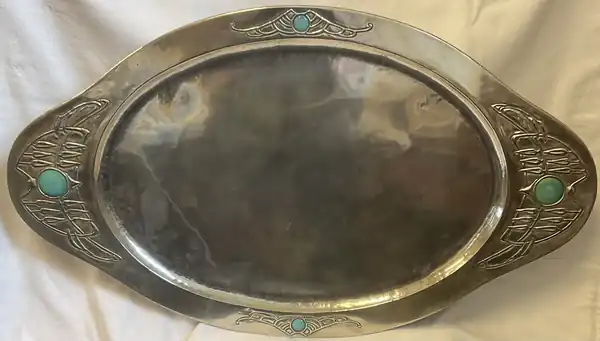 glasgow girls scottish arts and crafts large white metal tray with glasgow secessionist style flower heads mounted with 4 blue green ruskins in the manner of marion henderson wilson