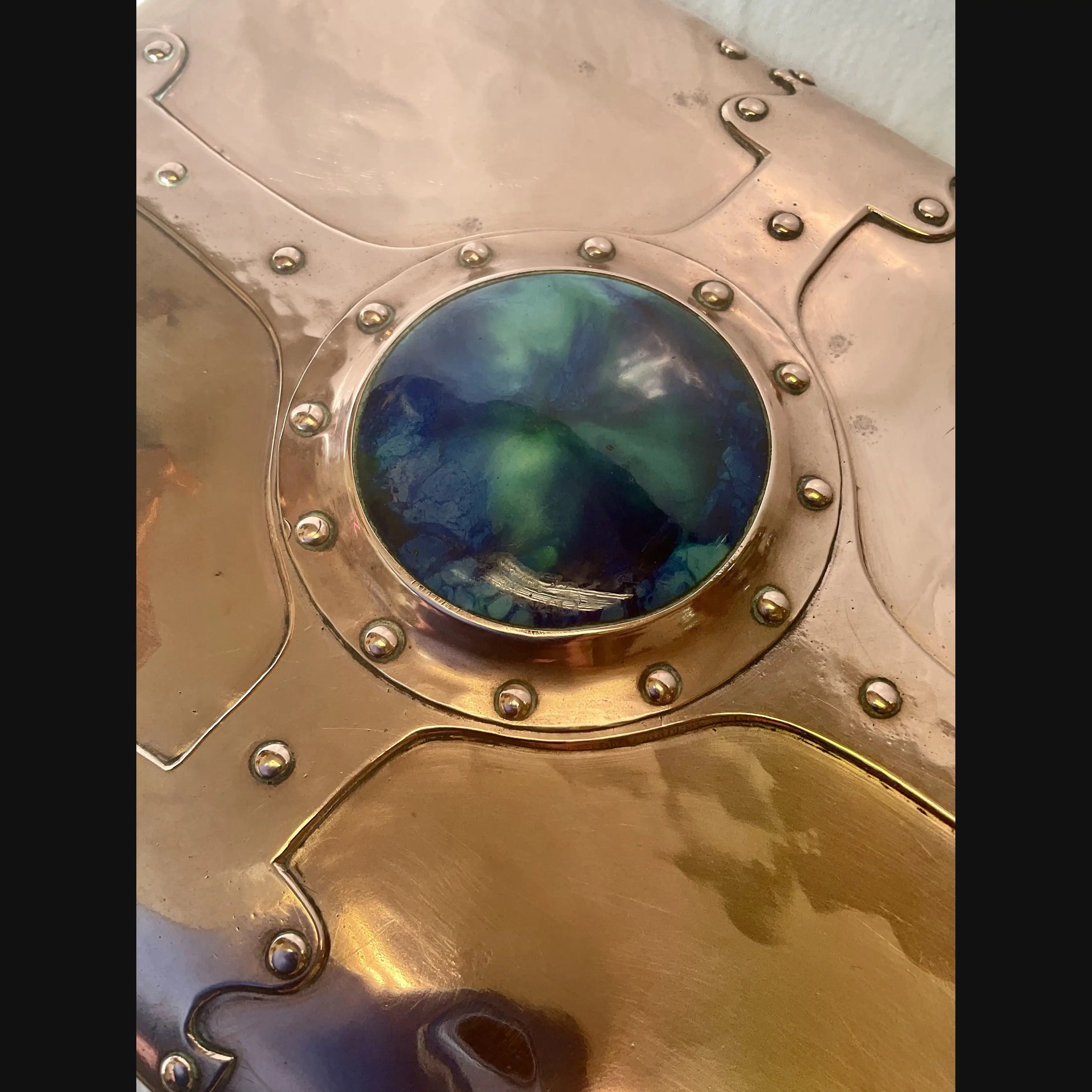 a e jones large arts and crafts copper strap topped casket with ruskin cabochon and  clasp