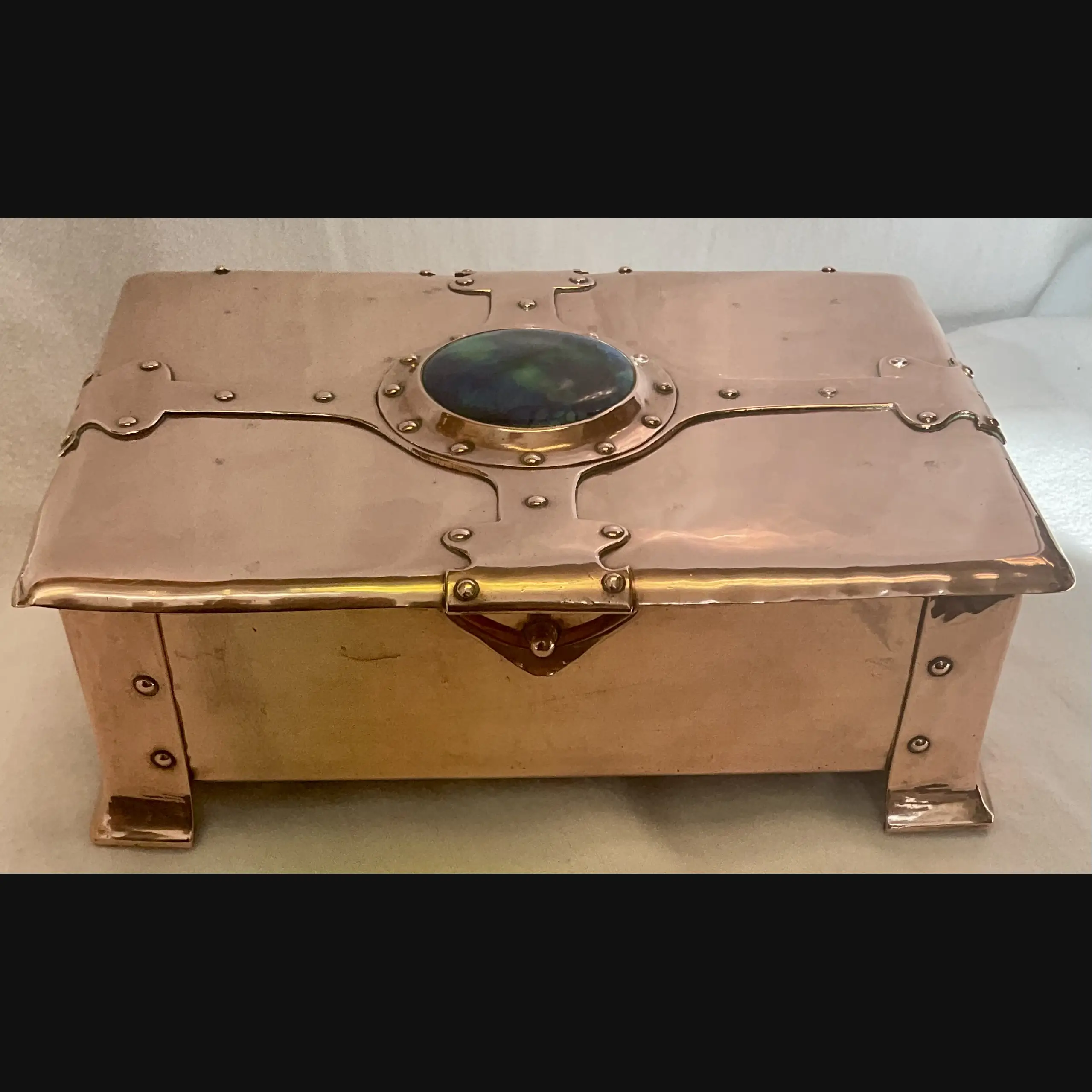 a e jones large arts and crafts copper strap topped casket with ruskin cabochon and  clasp