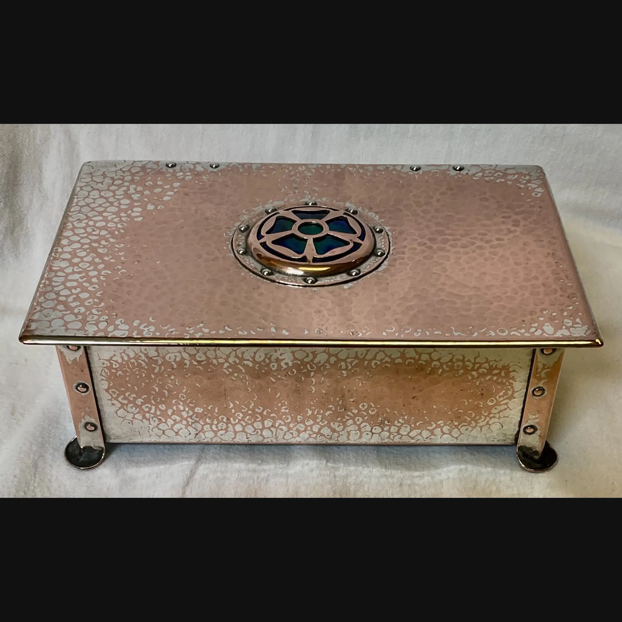 arts and crafts best and lloyd cambray ware silver plated enamelled cabochon casket