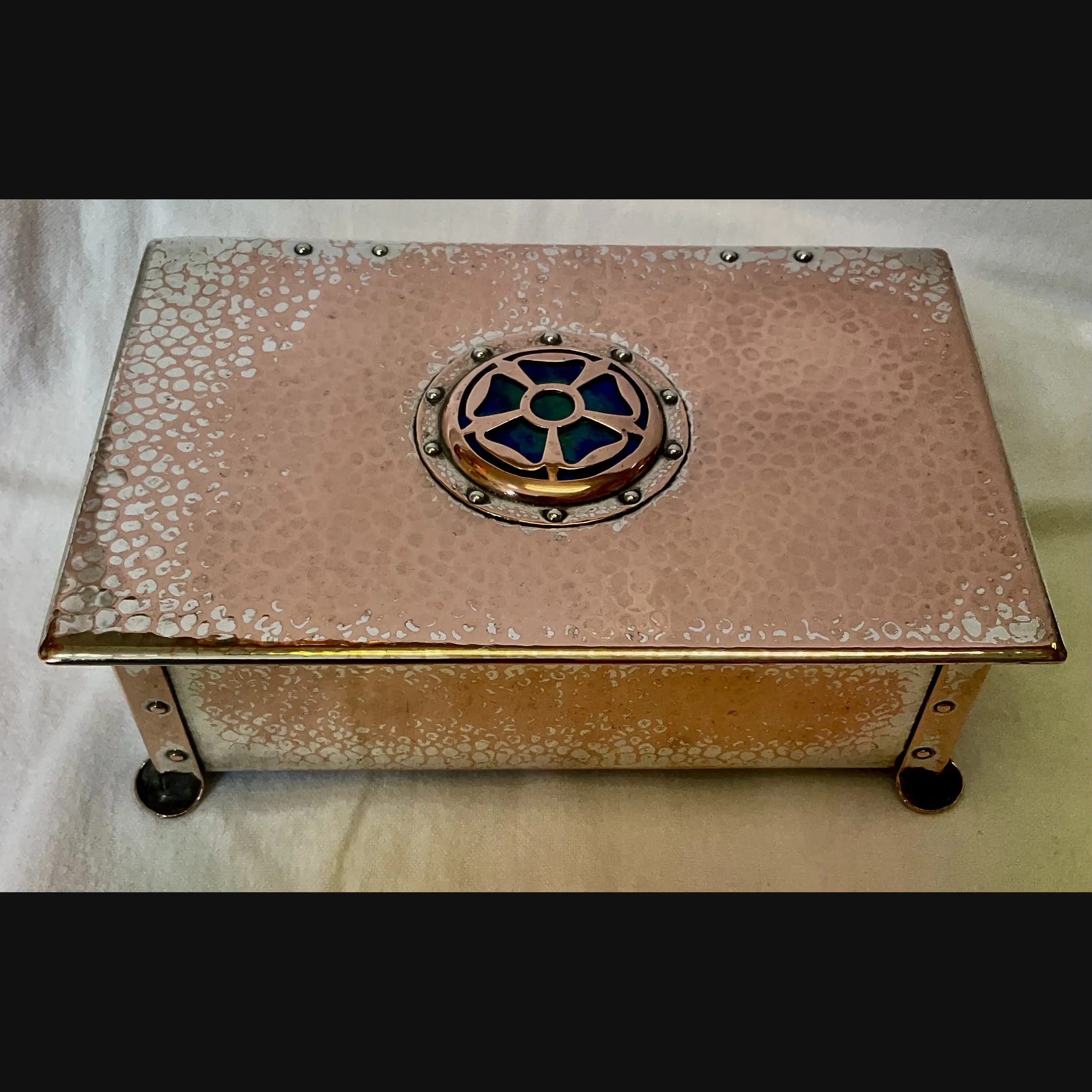 arts and crafts best and lloyd cambray ware silver plated enamelled cabochon casket