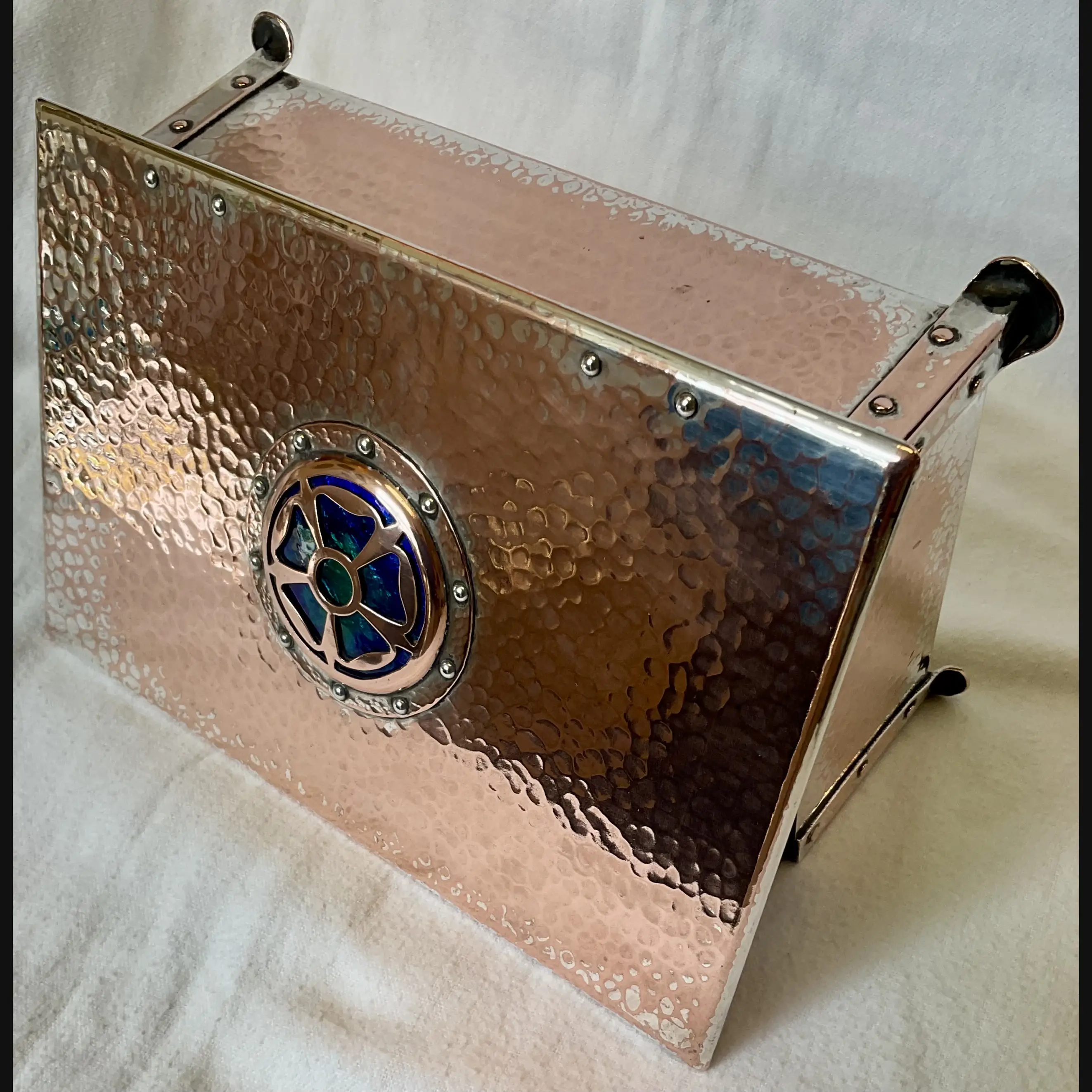 arts and crafts best and lloyd cambray ware silver plated enamelled cabochon casket