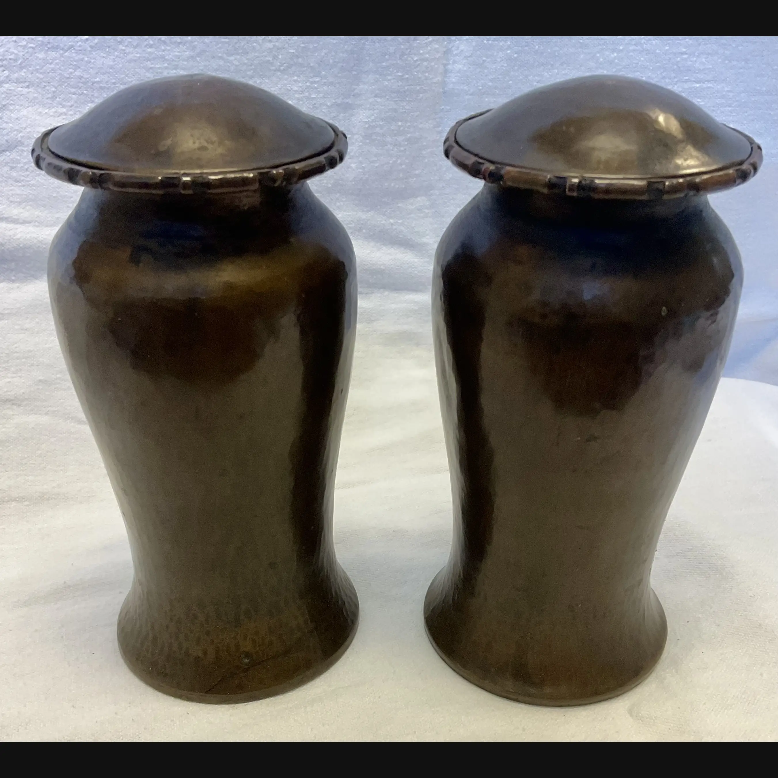 arts and crafts pair of hammered copper covered tea caddies in the manner of r l rathbone c1900 10