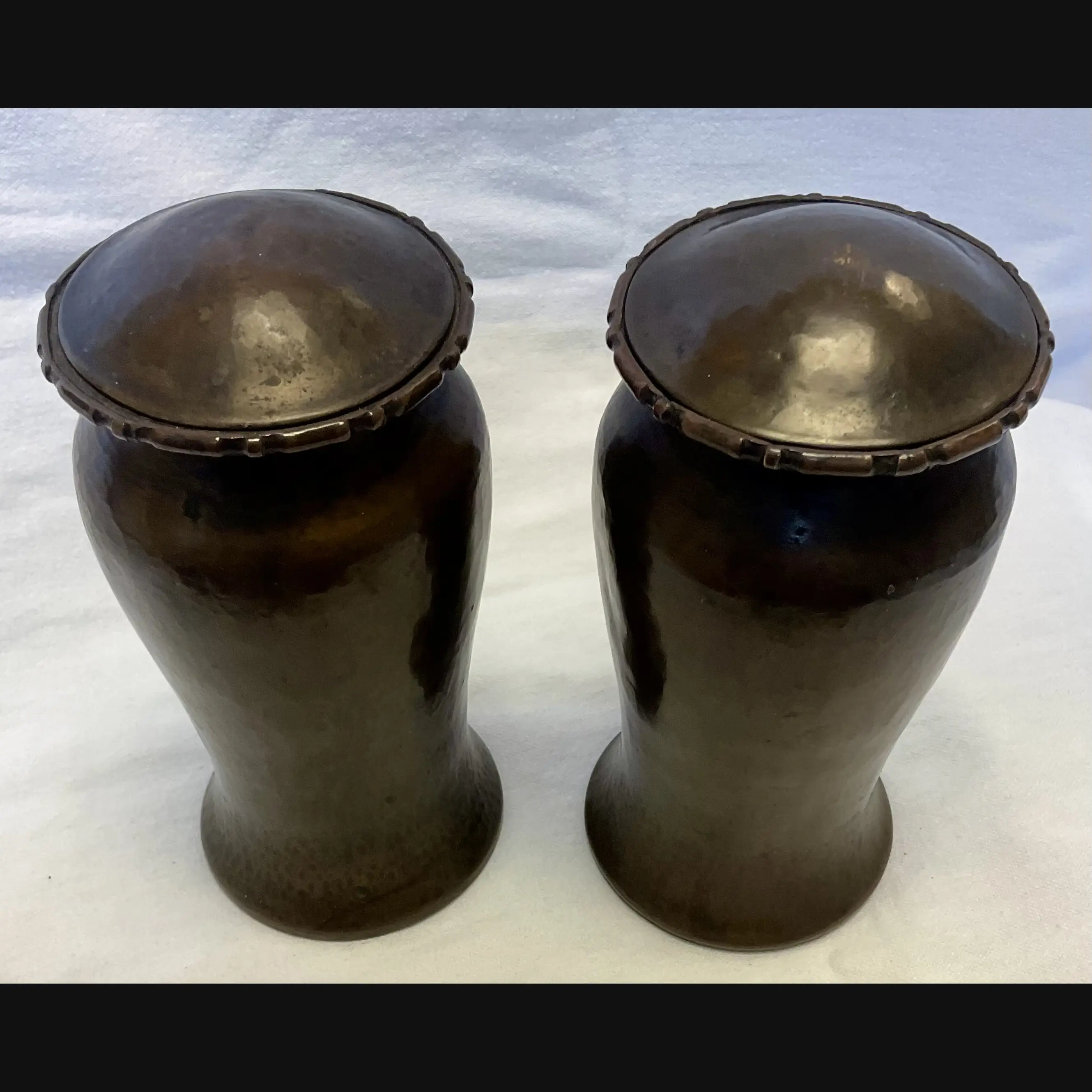 arts and crafts pair of hammered copper covered tea caddies in the manner of r l rathbone c1900 10