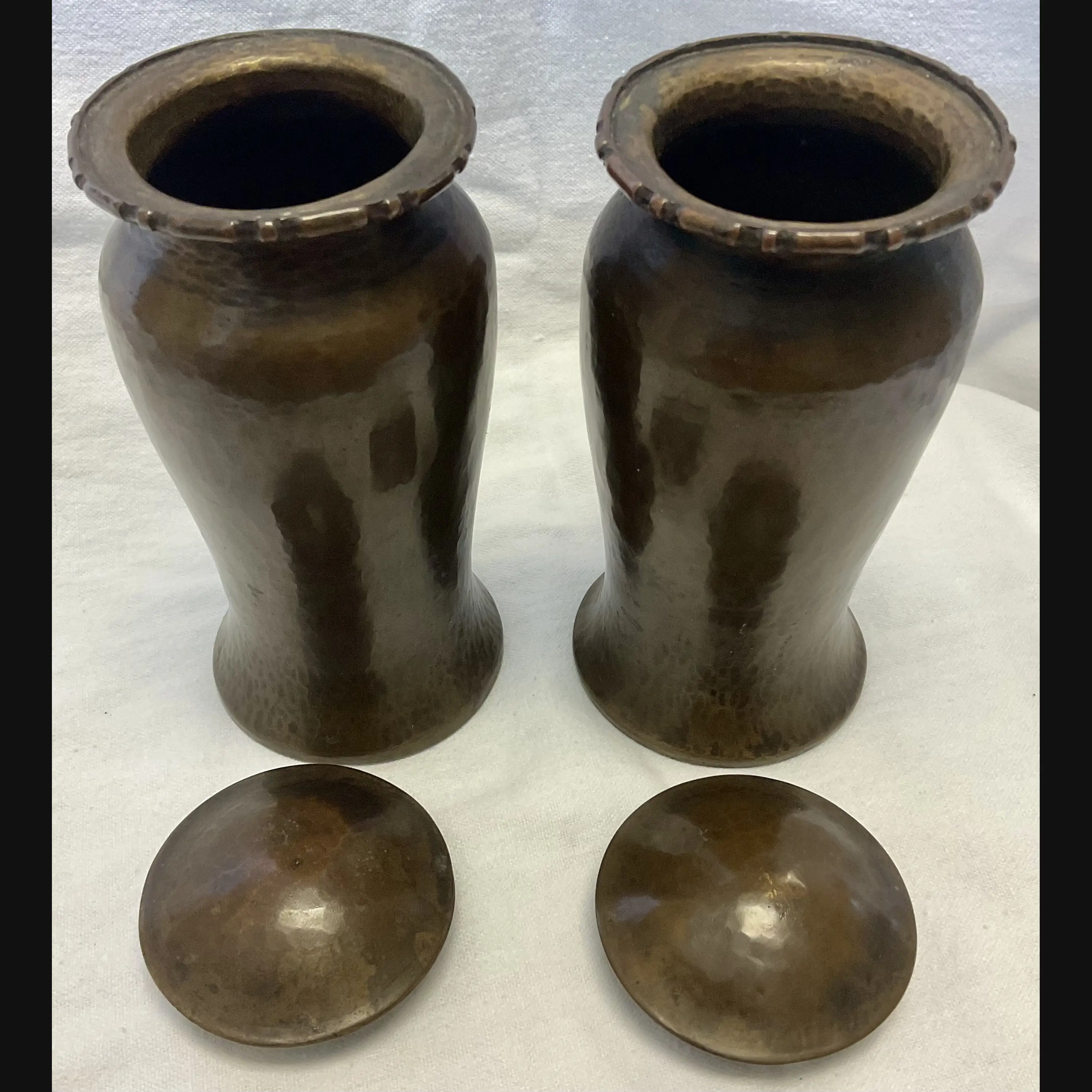 arts and crafts pair of hammered copper covered tea caddies in the manner of r l rathbone c1900 10