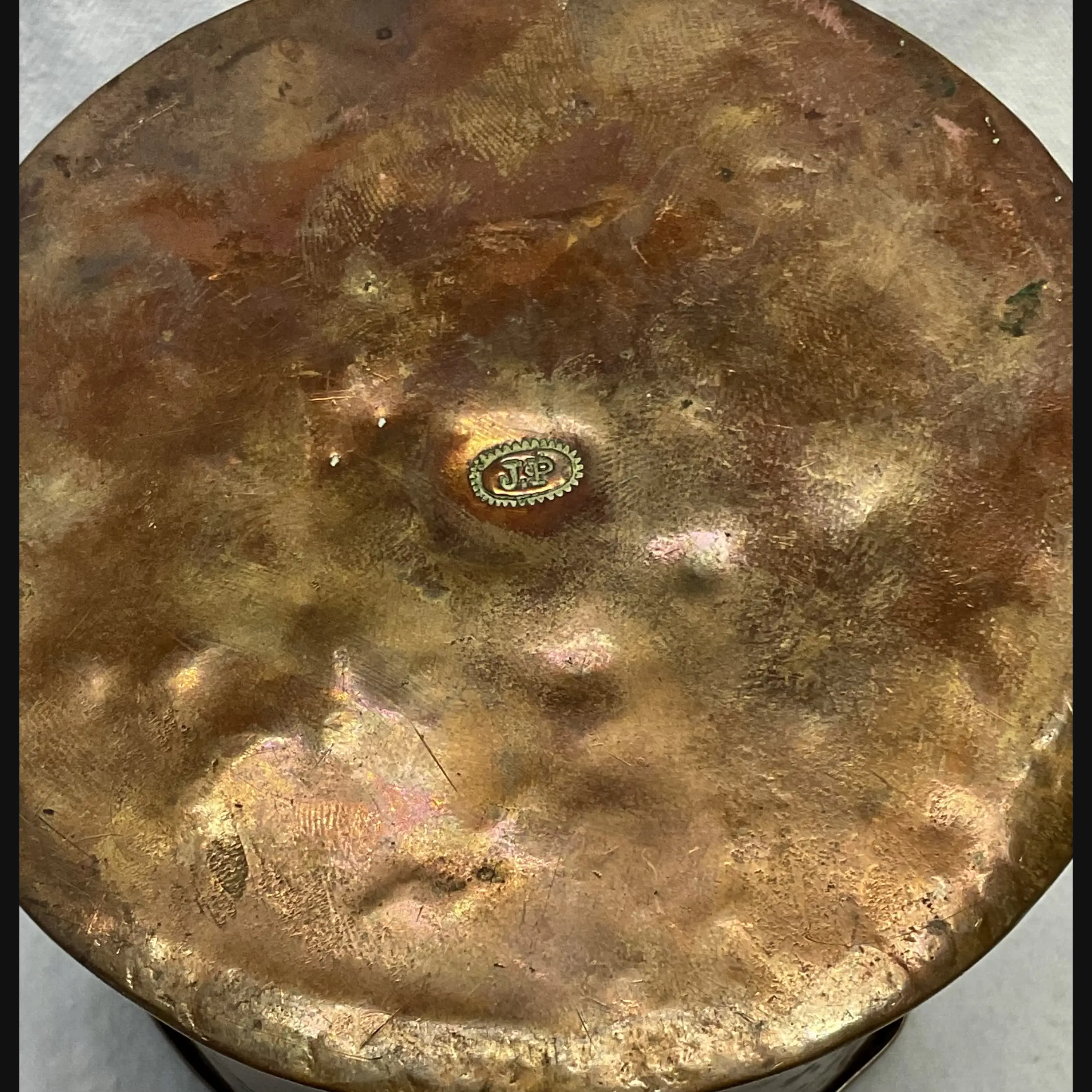 john pearson arts and crafts copper caddy decorated with comets in untouched condition