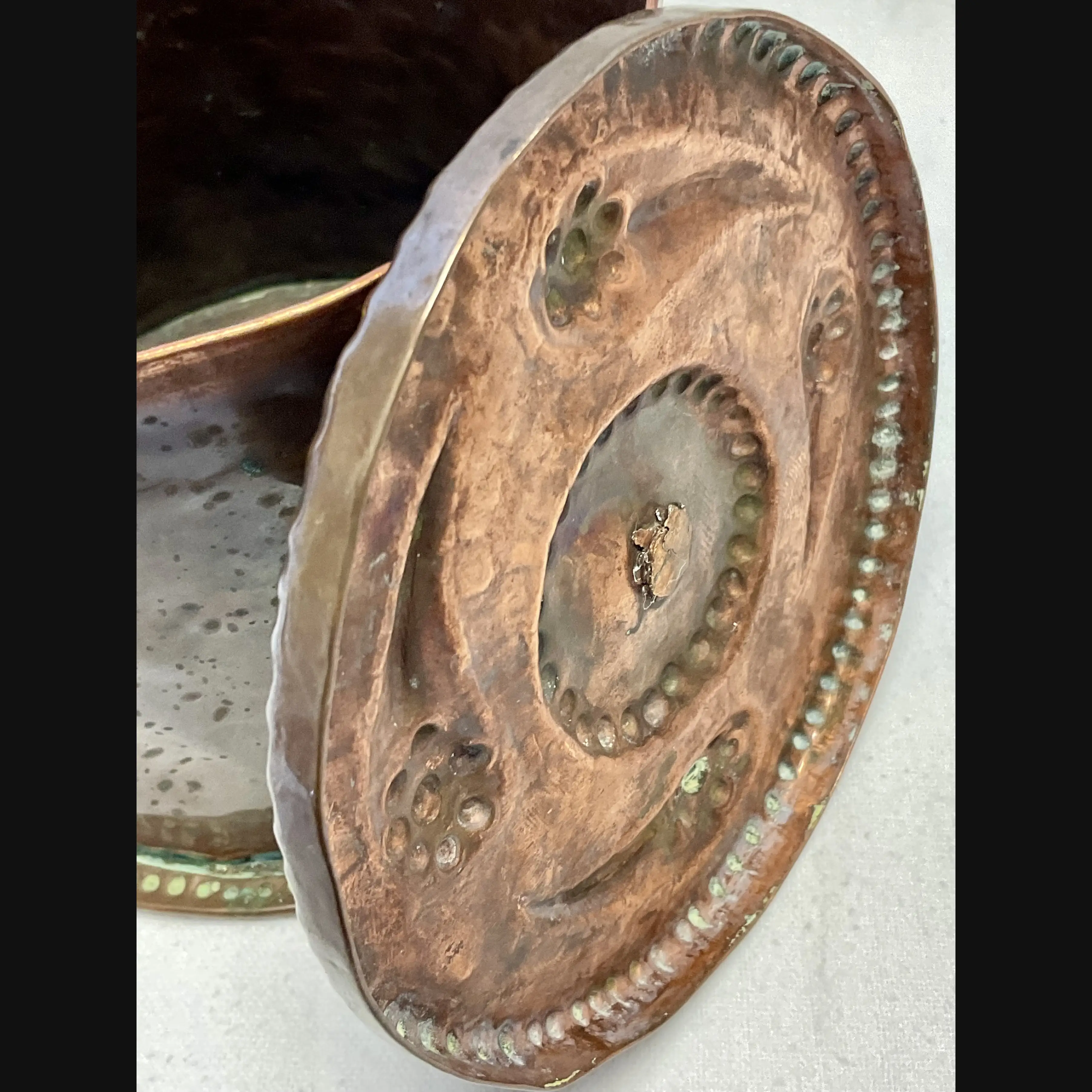 john pearson arts and crafts copper caddy decorated with comets in untouched condition