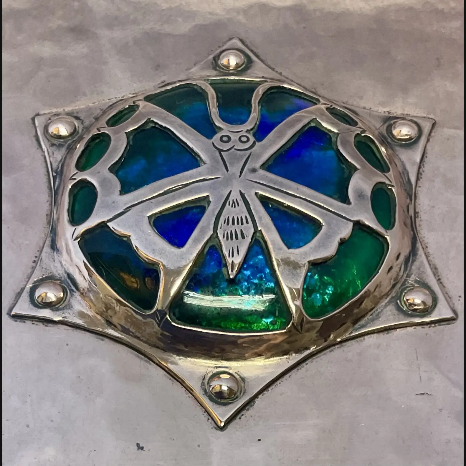 cambray ware best and lloyd arts and crafts copper casket with butterfly covered enamelled cabochon