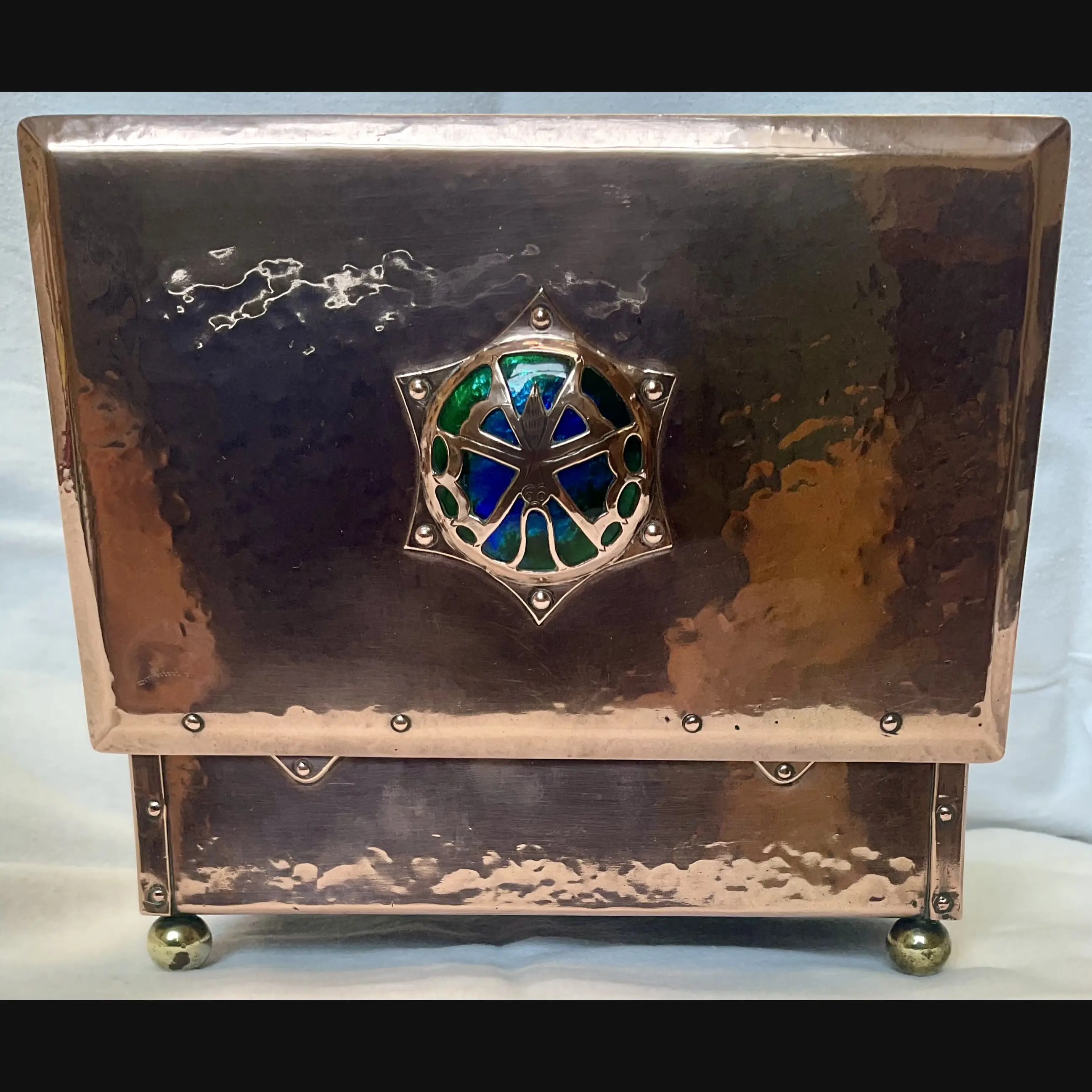 cambray ware best and lloyd arts and crafts copper casket with butterfly covered enamelled cabochon