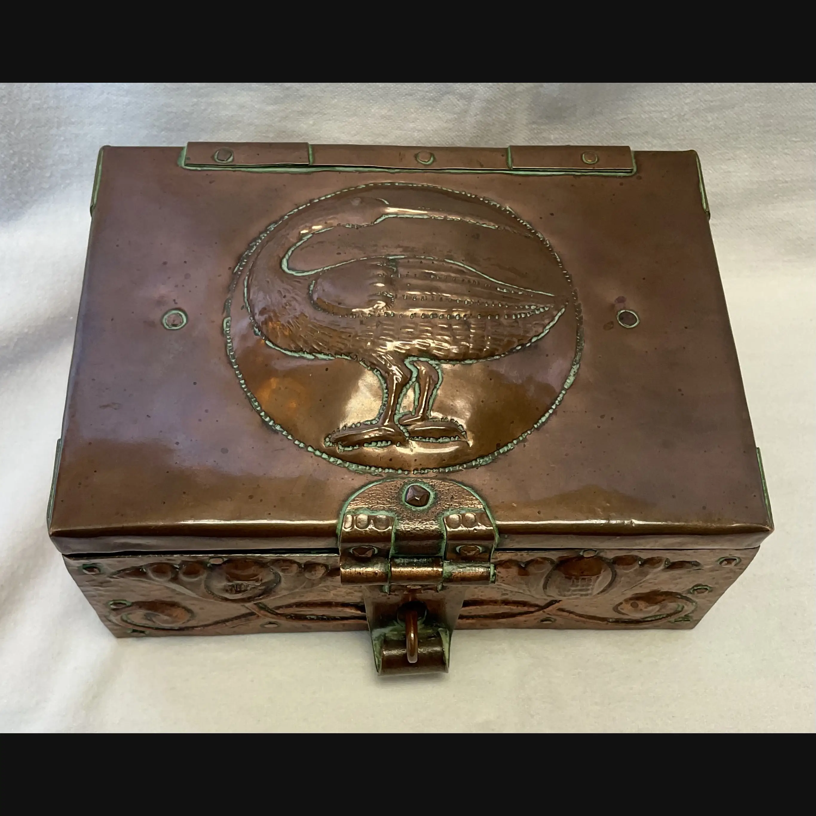 john pearson arts and carts copper casket grotesque bird and flower heads and clasp jp 1903