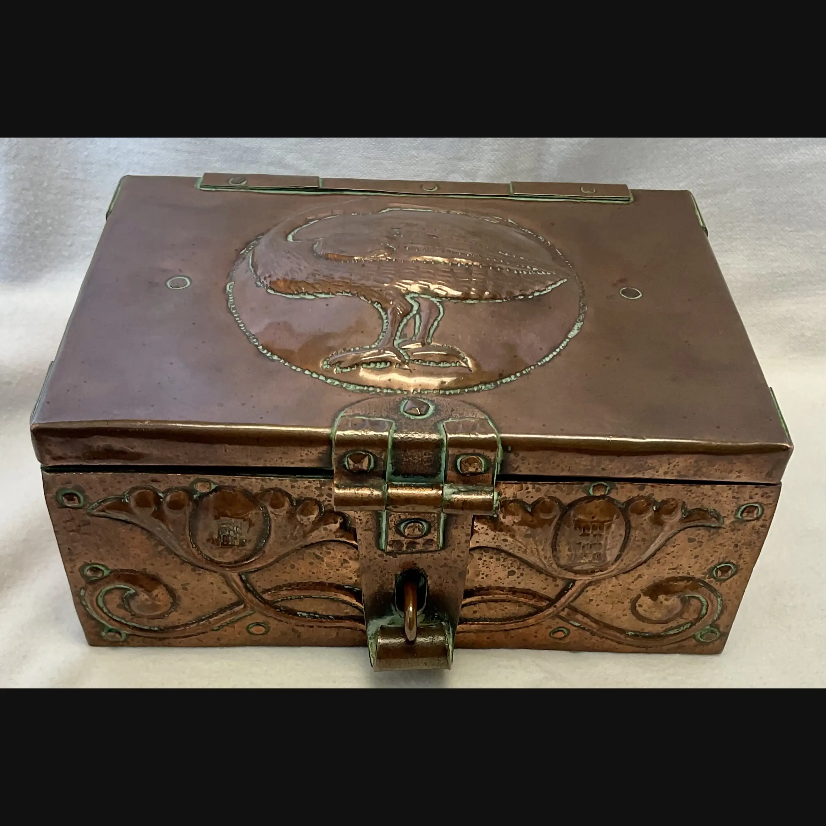 john pearson arts and carts copper casket grotesque bird and flower heads and clasp jp 1903