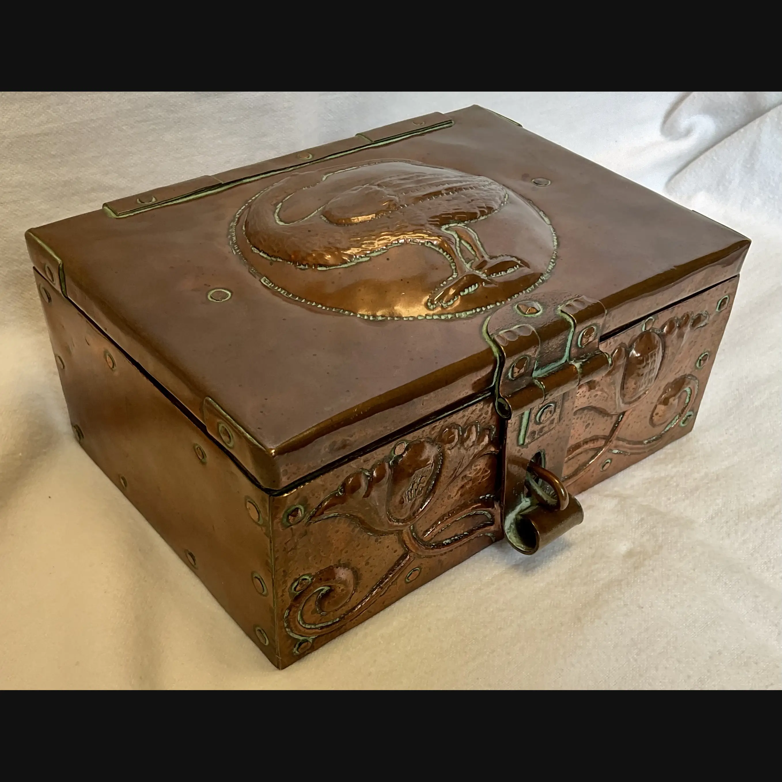john pearson arts and carts copper casket grotesque bird and flower heads and clasp jp 1903