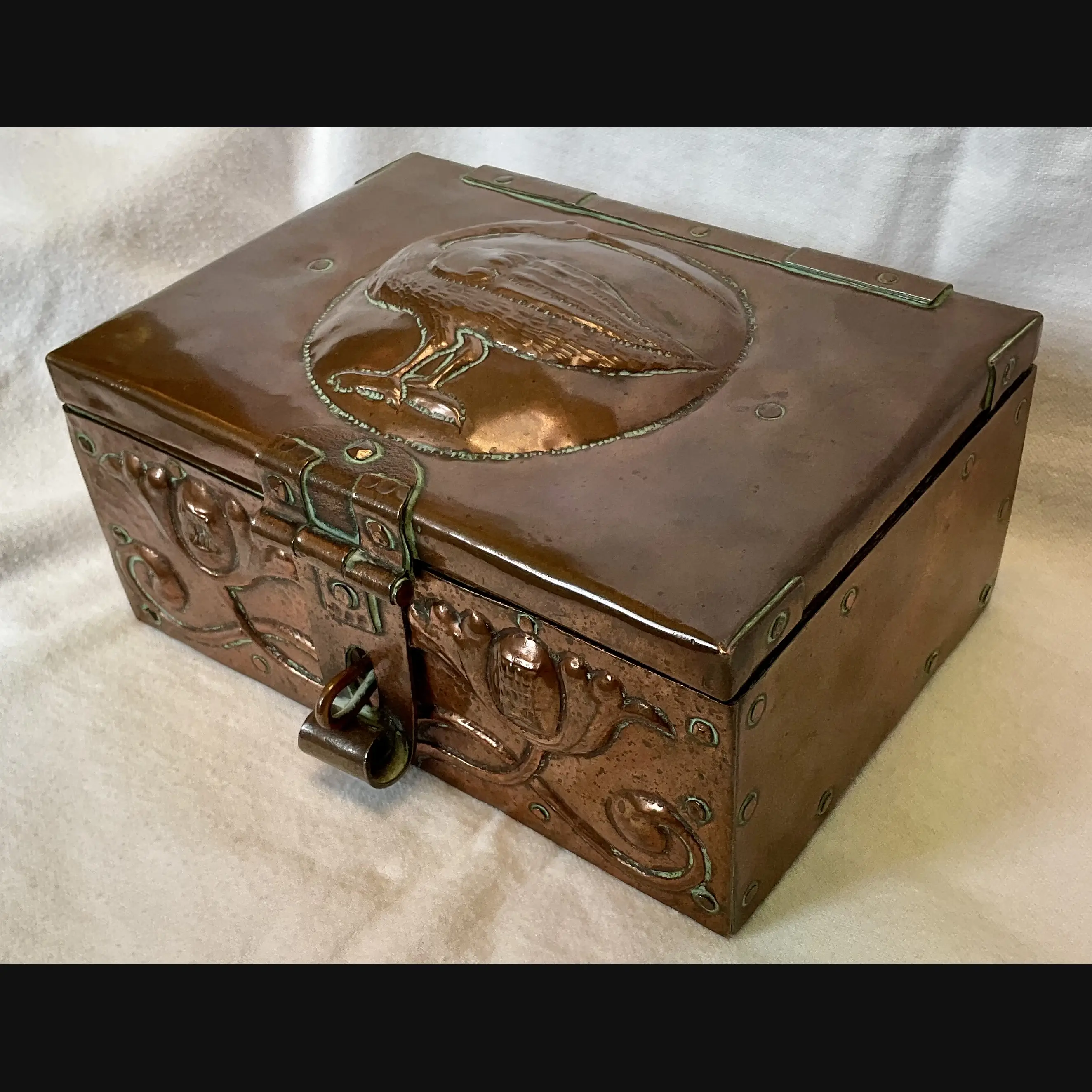 john pearson arts and carts copper casket grotesque bird and flower heads and clasp jp 1903