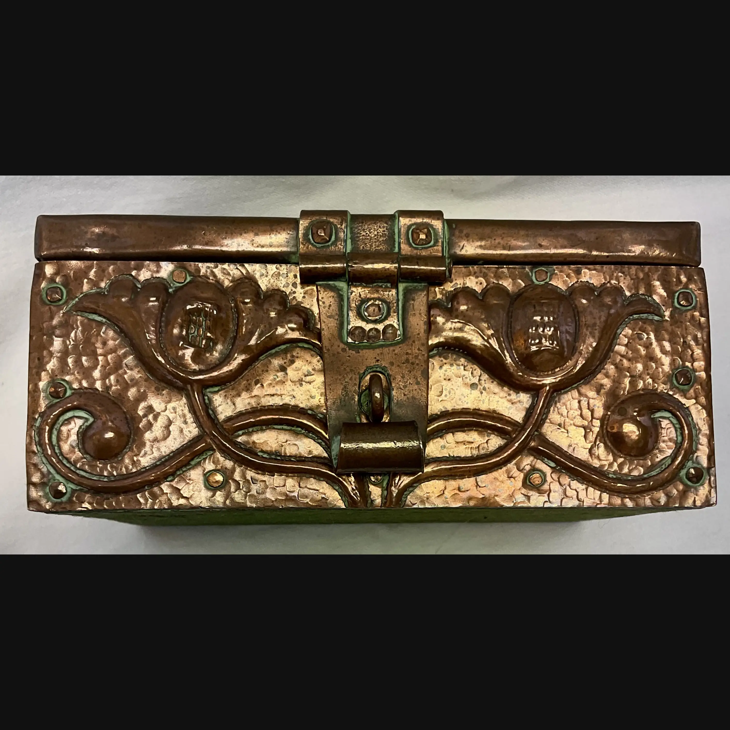 john pearson arts and carts copper casket grotesque bird and flower heads and clasp jp 1903