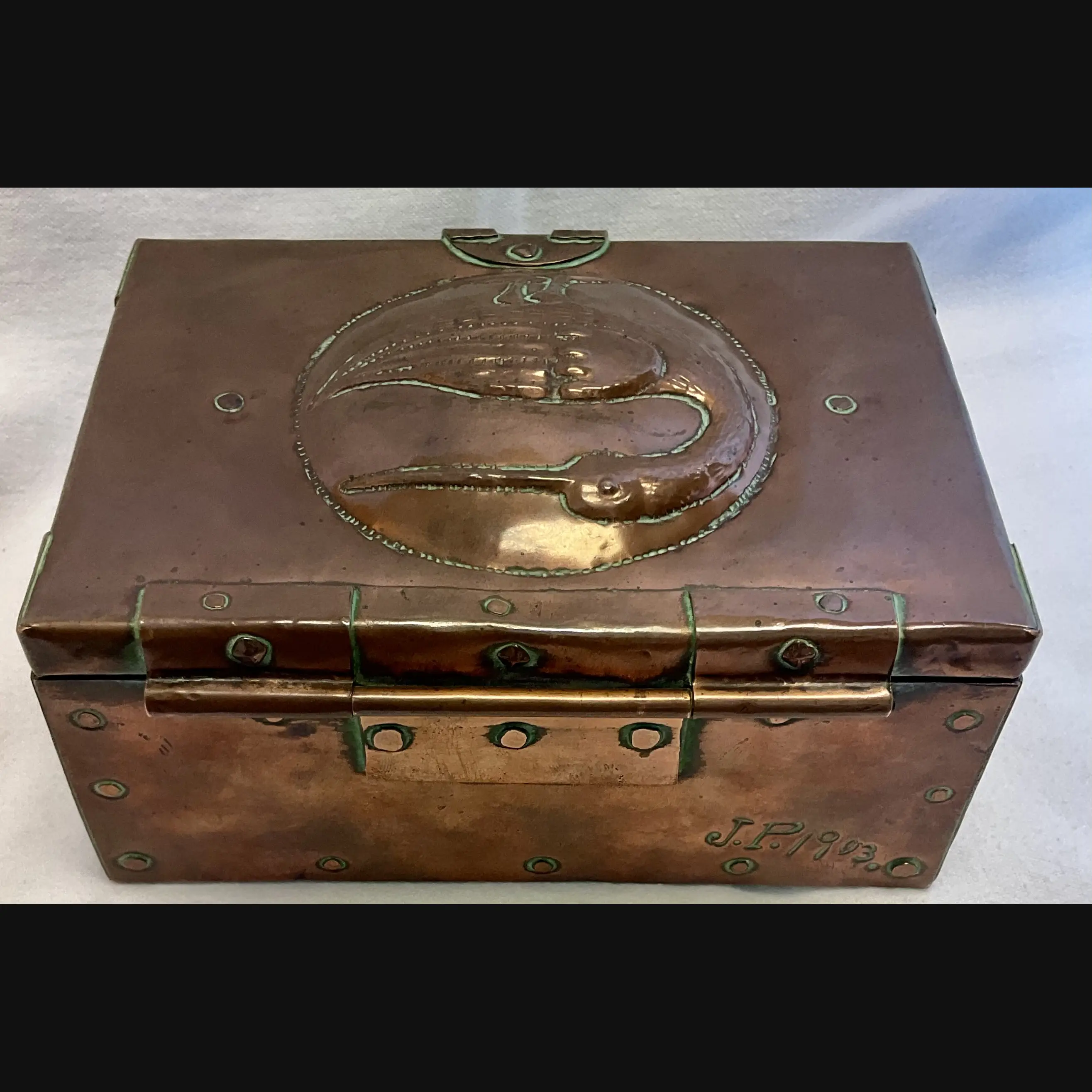 john pearson arts and carts copper casket grotesque bird and flower heads and clasp jp 1903