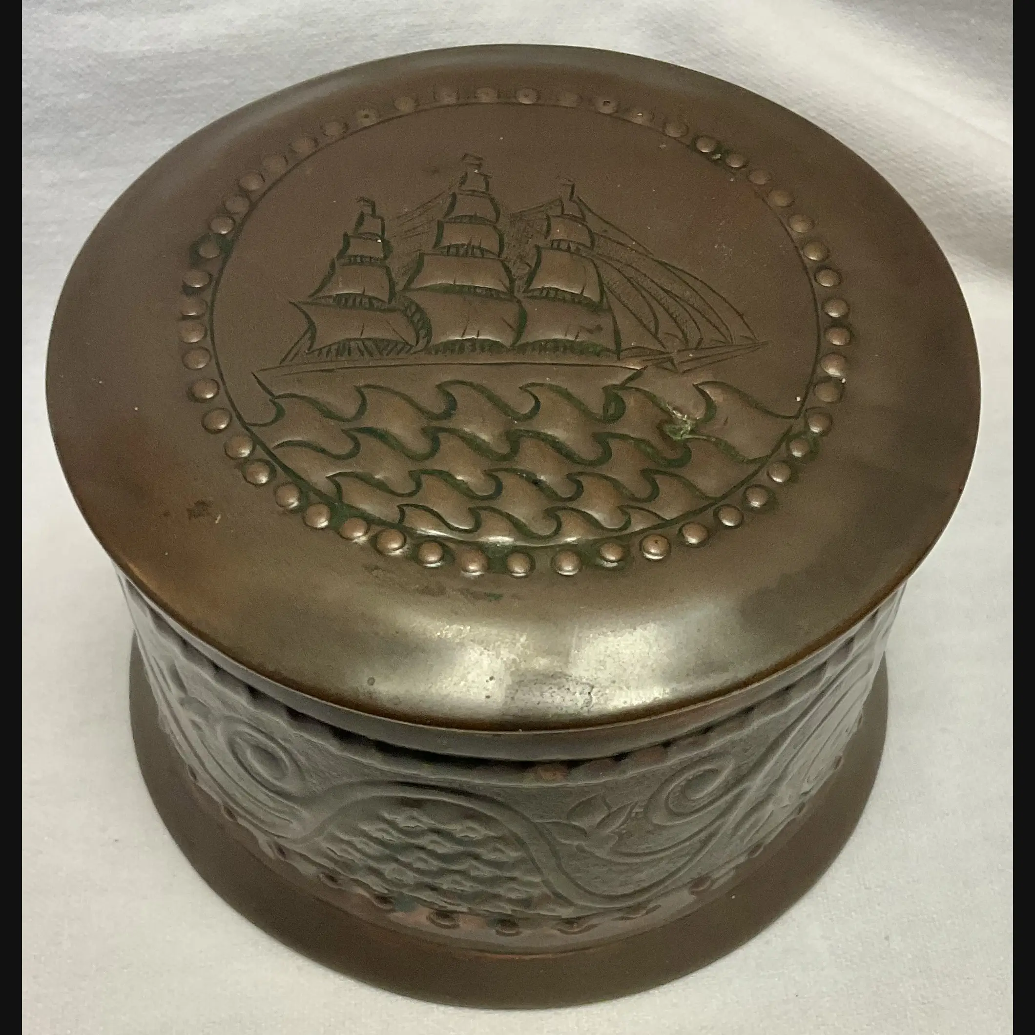 w h mawson keswick home industries khi arts and crafts copper table box with masted tall ship variation c1905