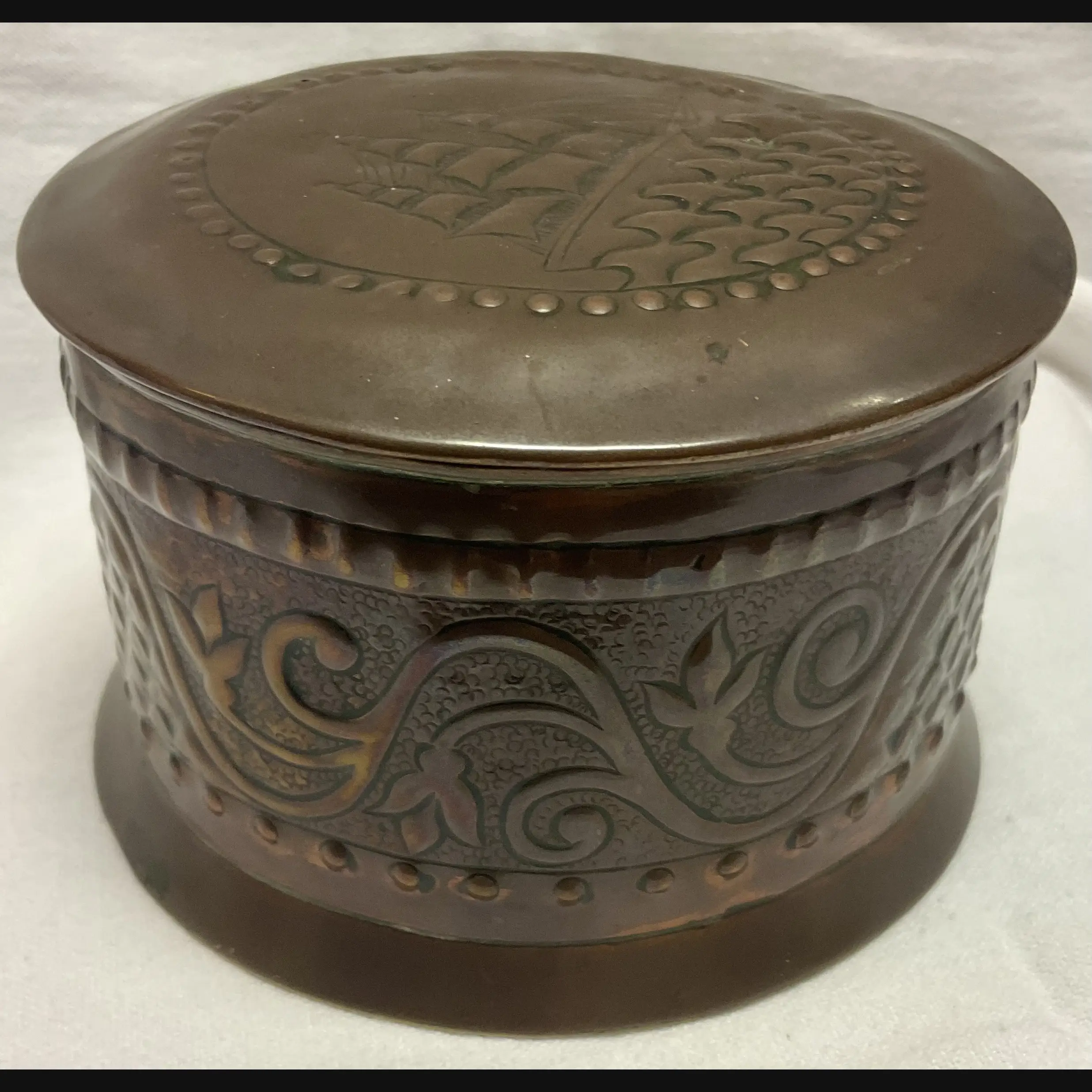w h mawson keswick home industries khi arts and crafts copper table box with masted tall ship variation c1905