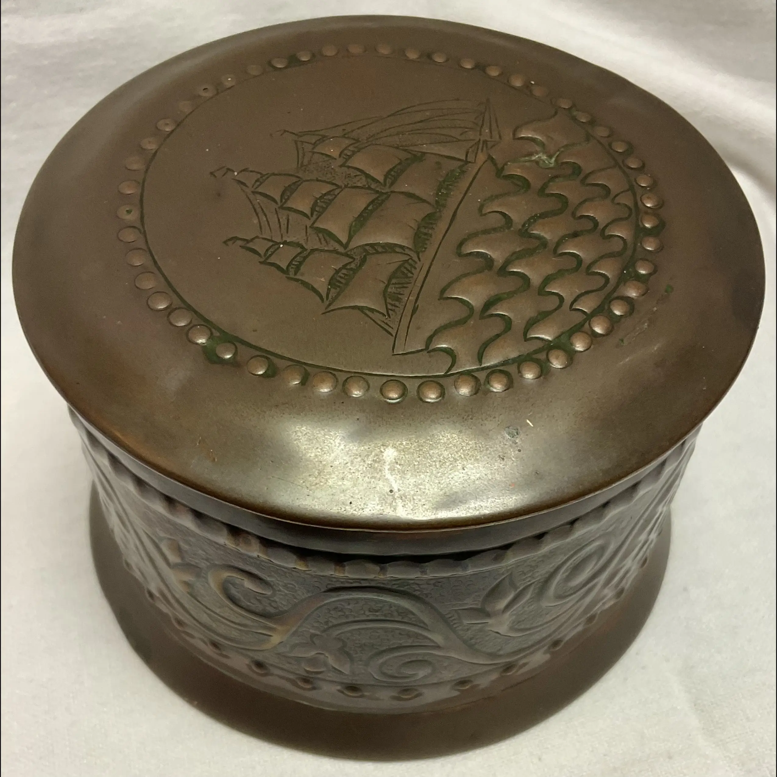 w h mawson keswick home industries khi arts and crafts copper table box with masted tall ship variation c1905