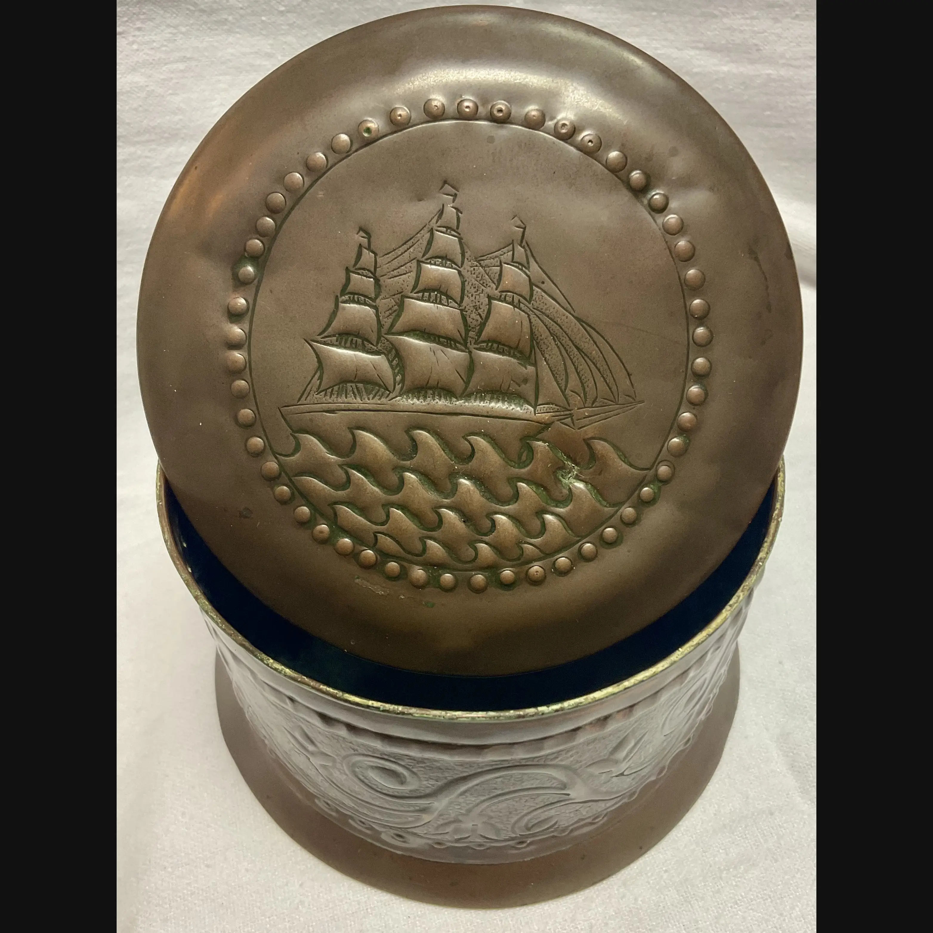 w h mawson keswick home industries khi arts and crafts copper table box with masted tall ship variation c1905
