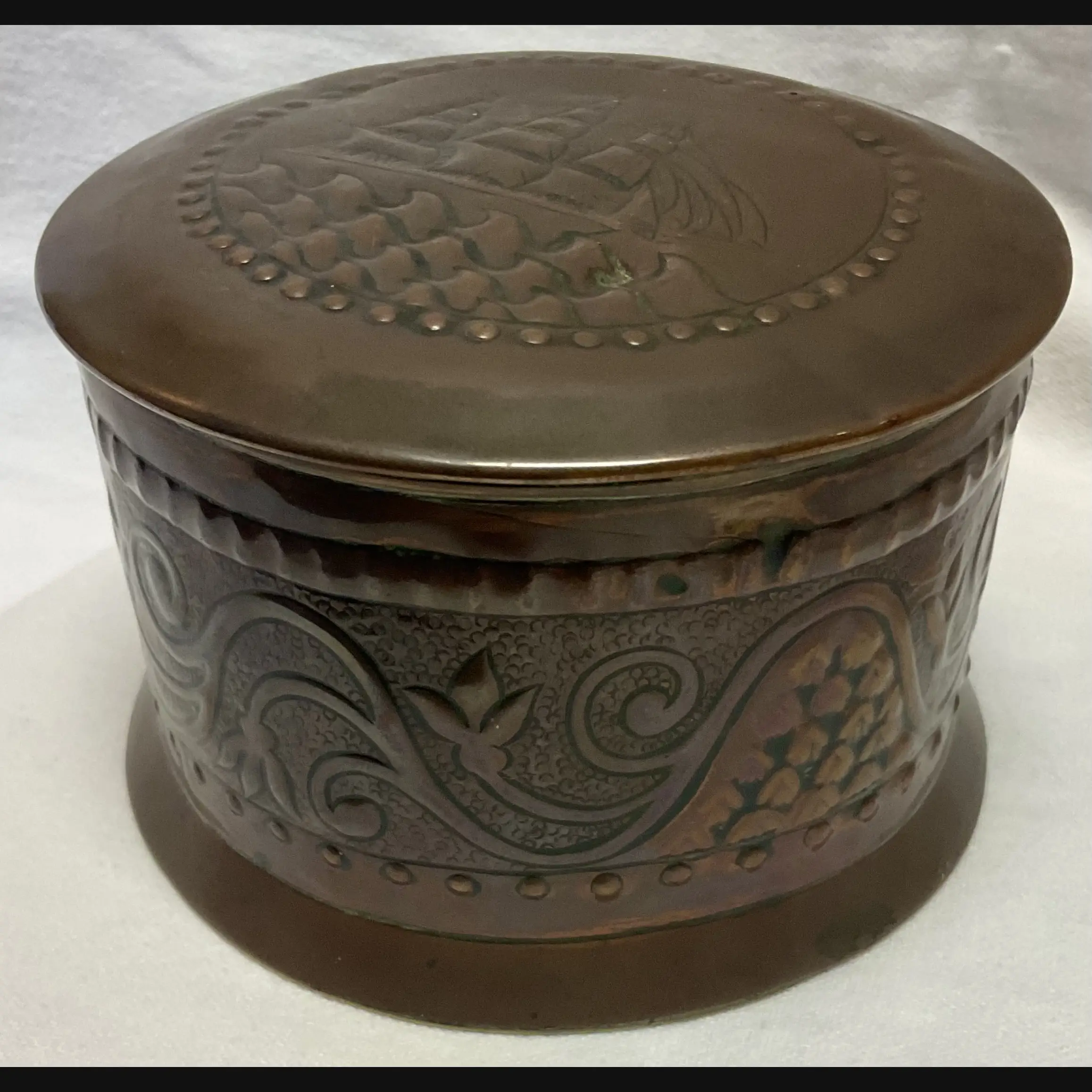 w h mawson keswick home industries khi arts and crafts copper table box with masted tall ship variation c1905