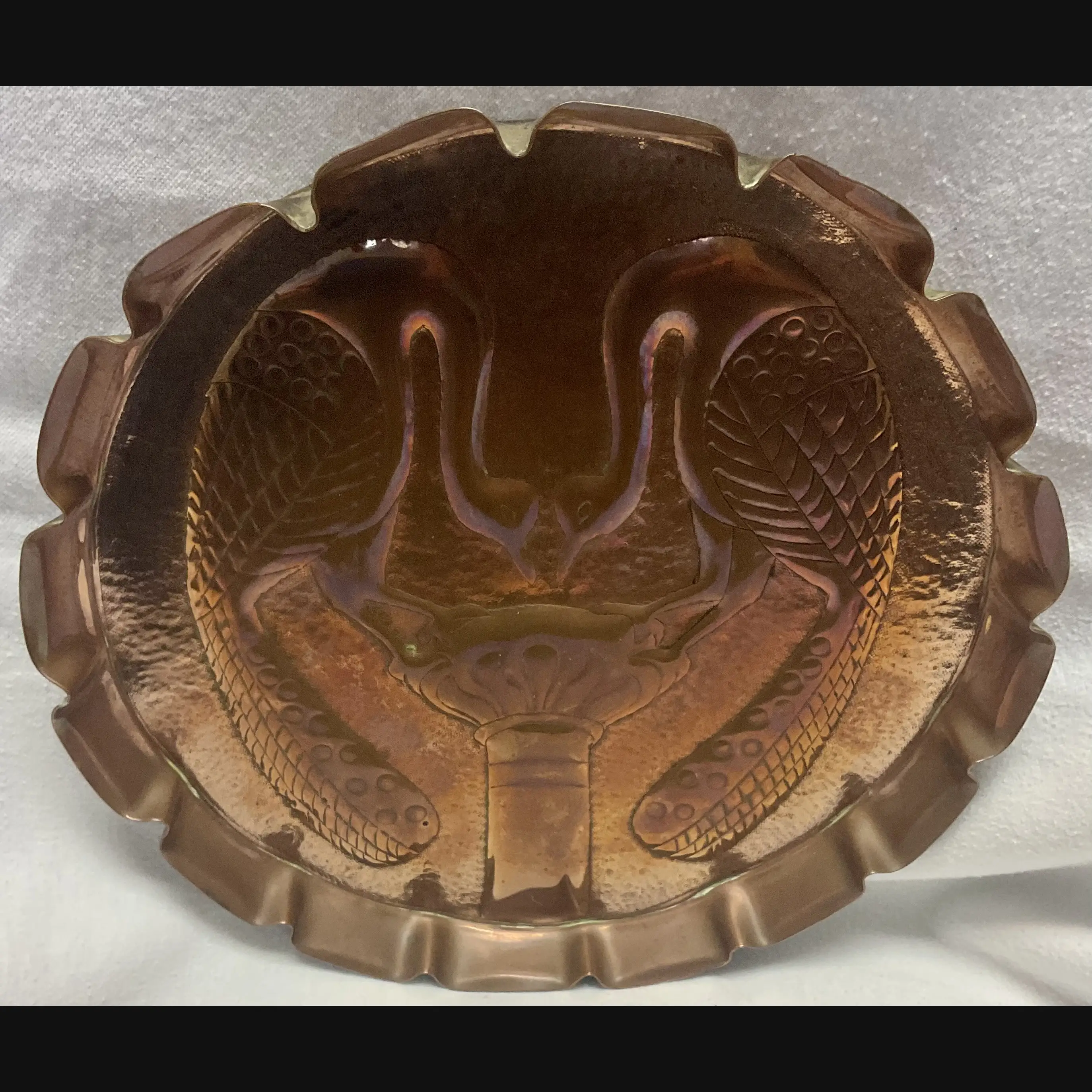 yattendon school arts and crafts double peacock scalloped edge tray signed t reynold