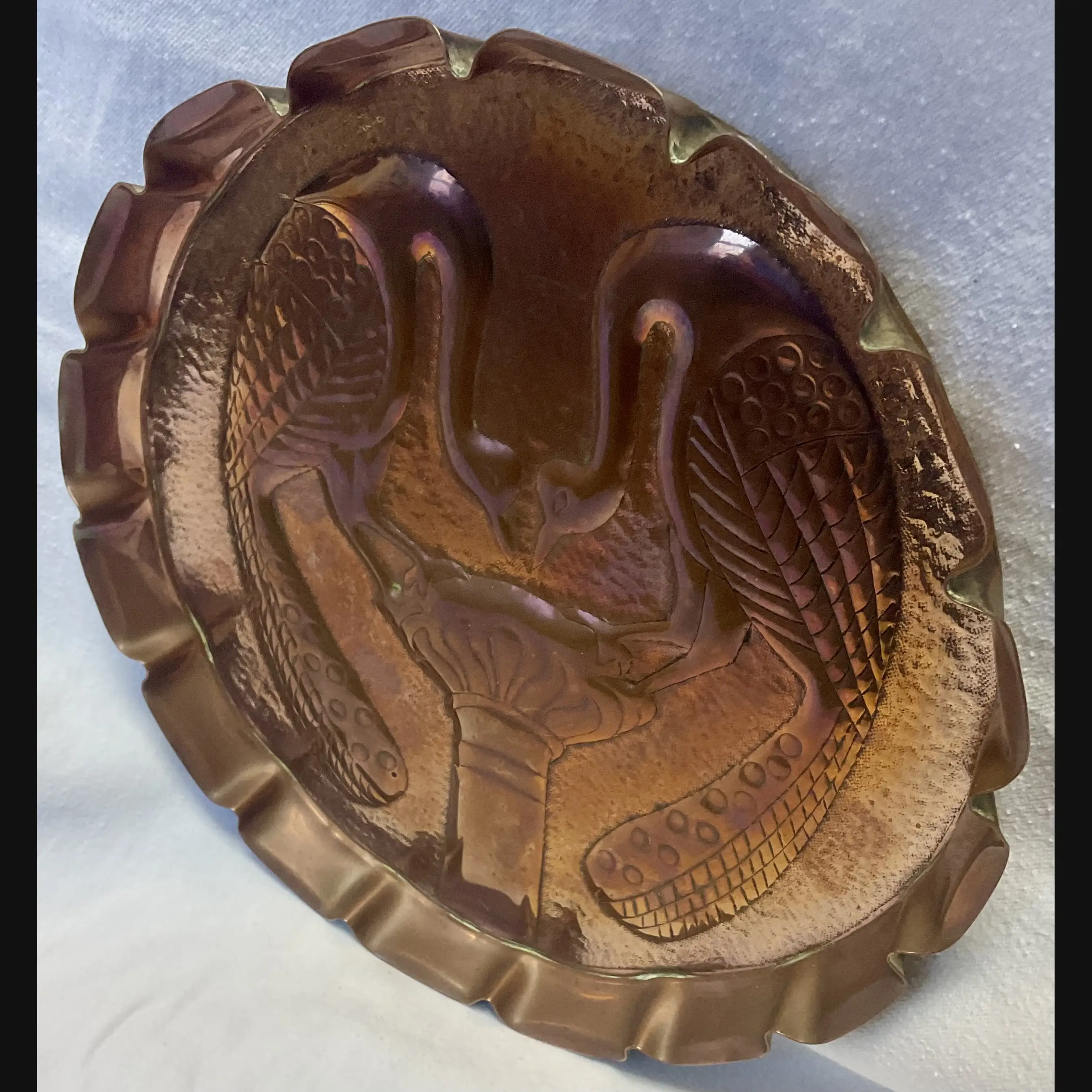 yattendon school arts and crafts double peacock scalloped edge tray signed t reynold