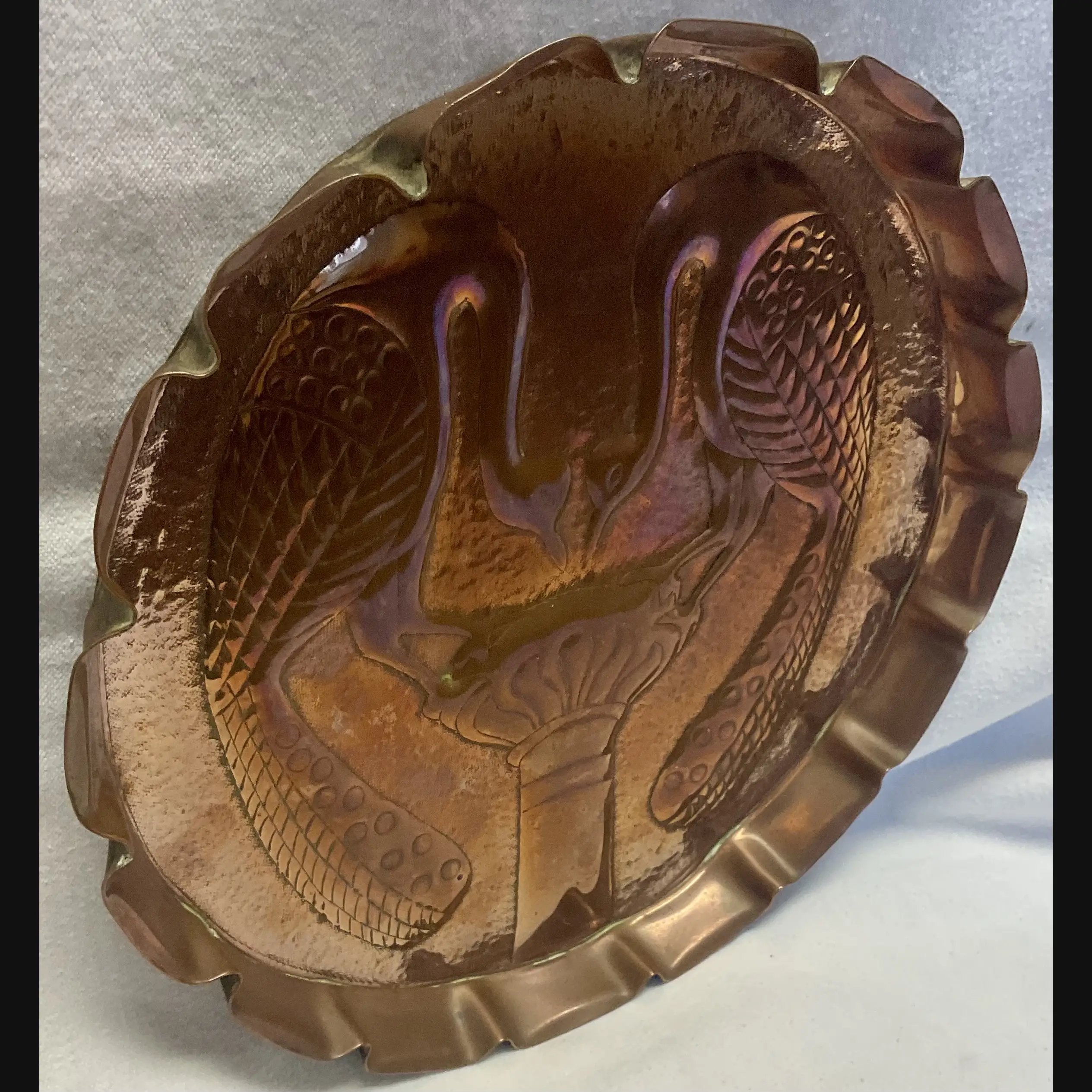 yattendon school arts and crafts double peacock scalloped edge tray signed t reynold