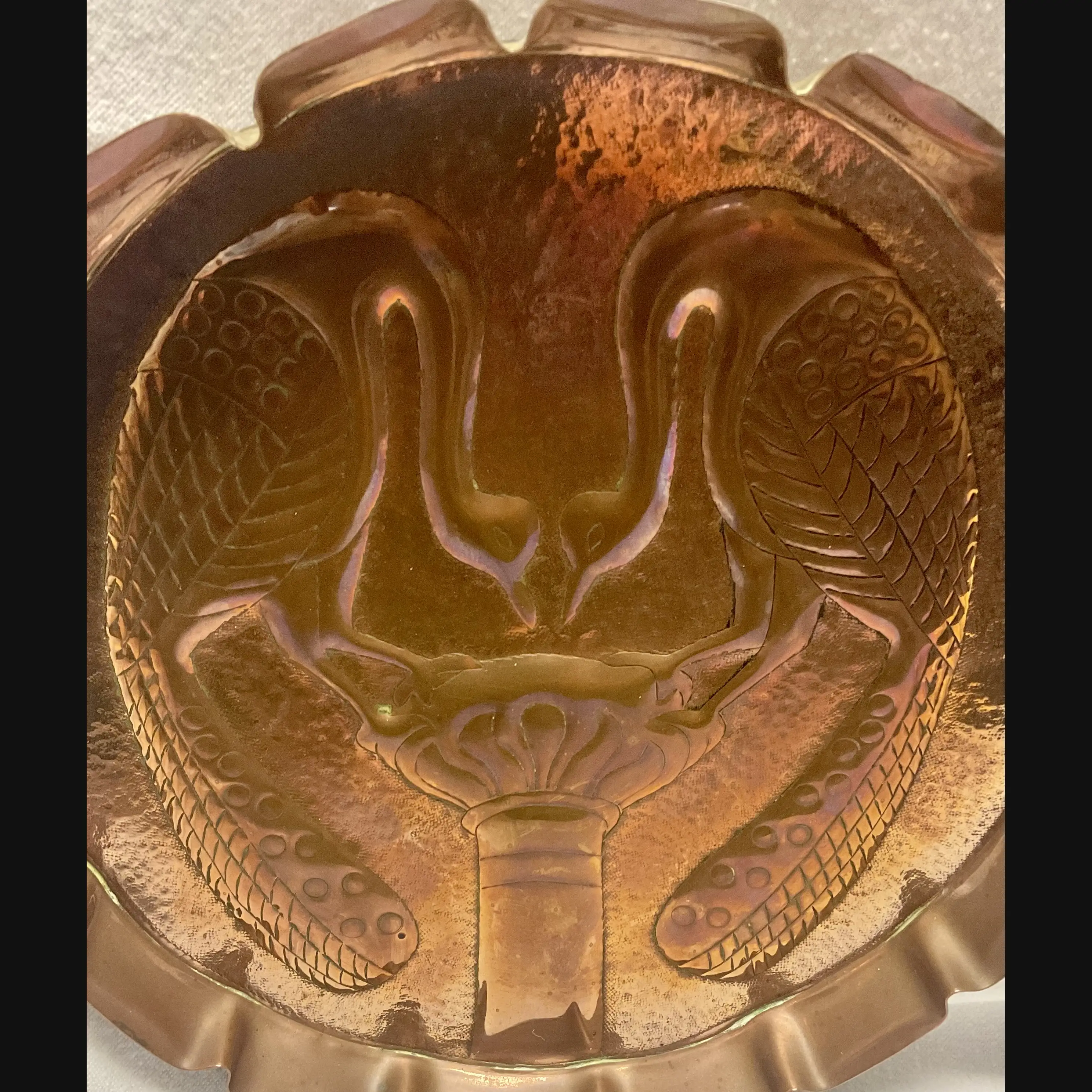 yattendon school arts and crafts double peacock scalloped edge tray signed t reynold