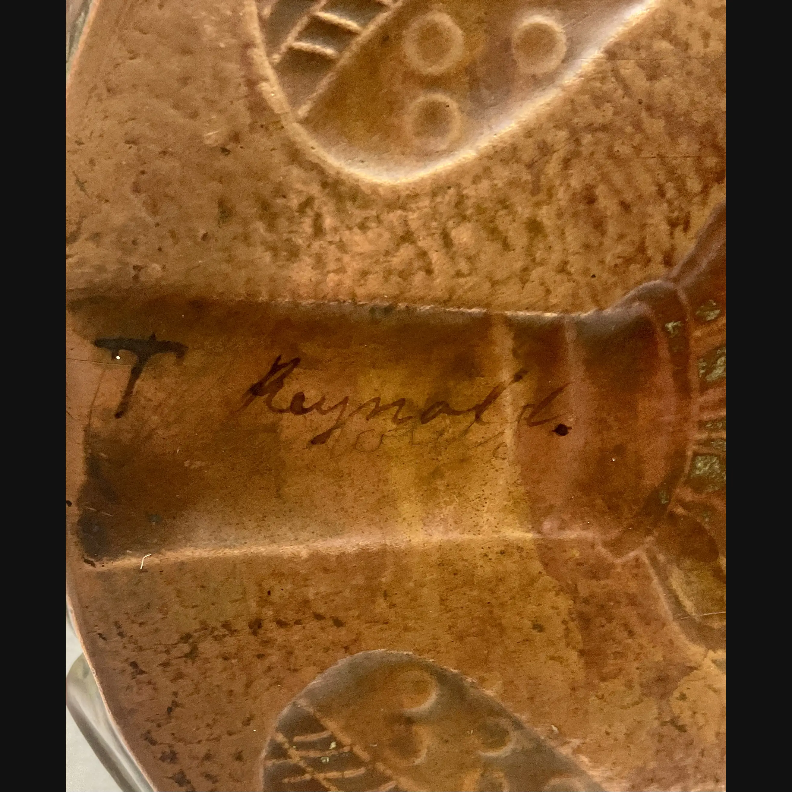 yattendon school arts and crafts double peacock scalloped edge tray signed t reynold