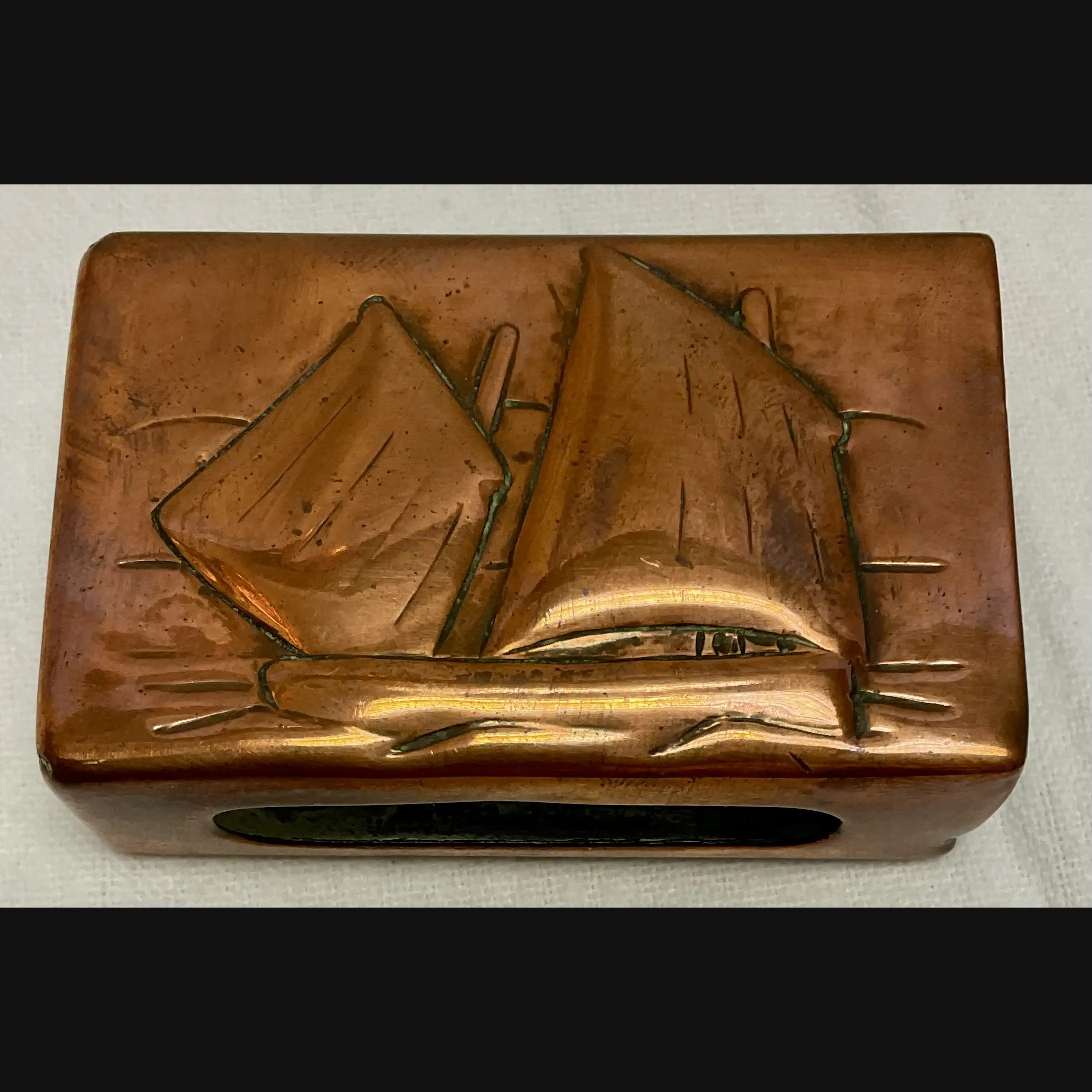 newlyn industrial class arts and crafts copper match box holder with lugger