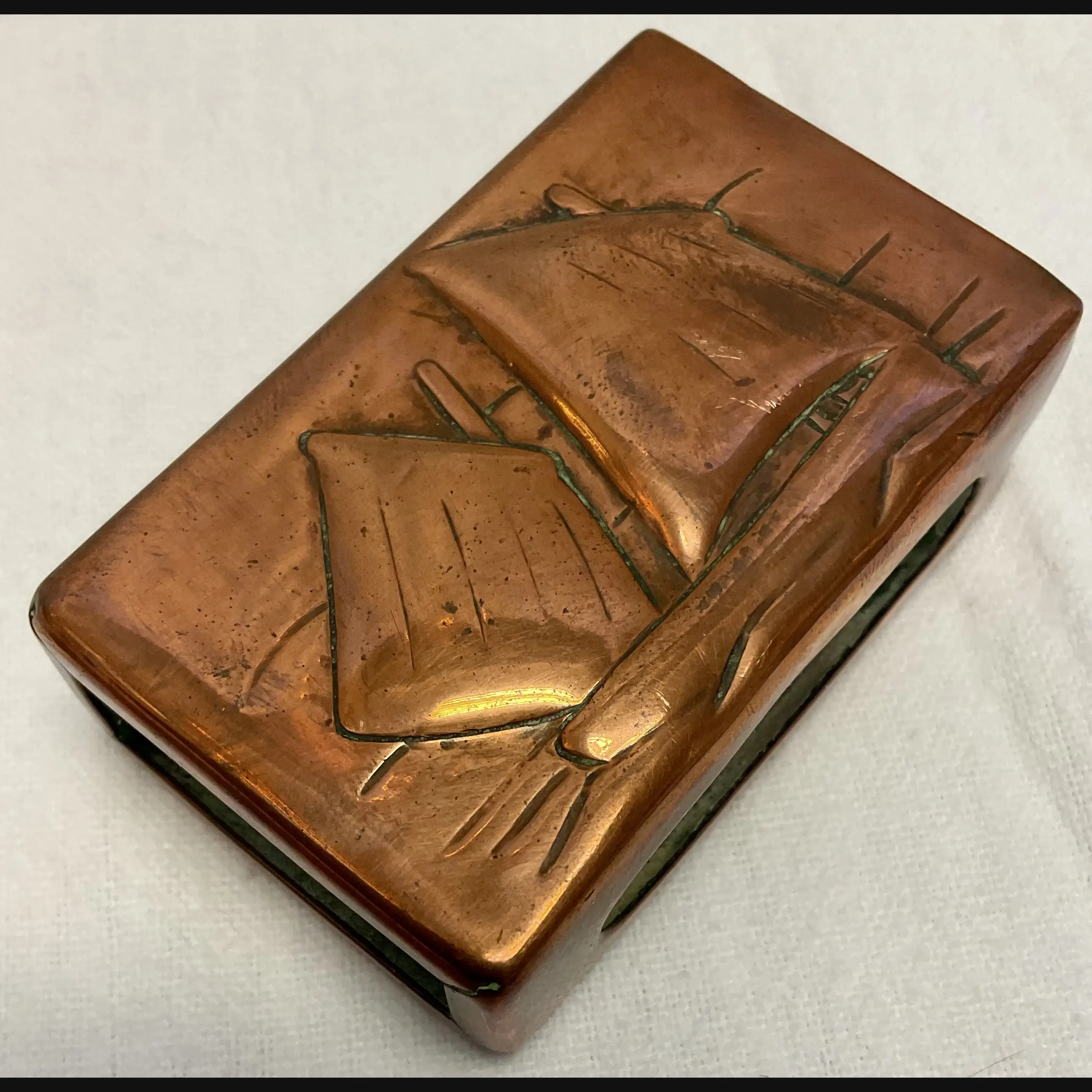 newlyn industrial class arts and crafts copper match box holder with lugger