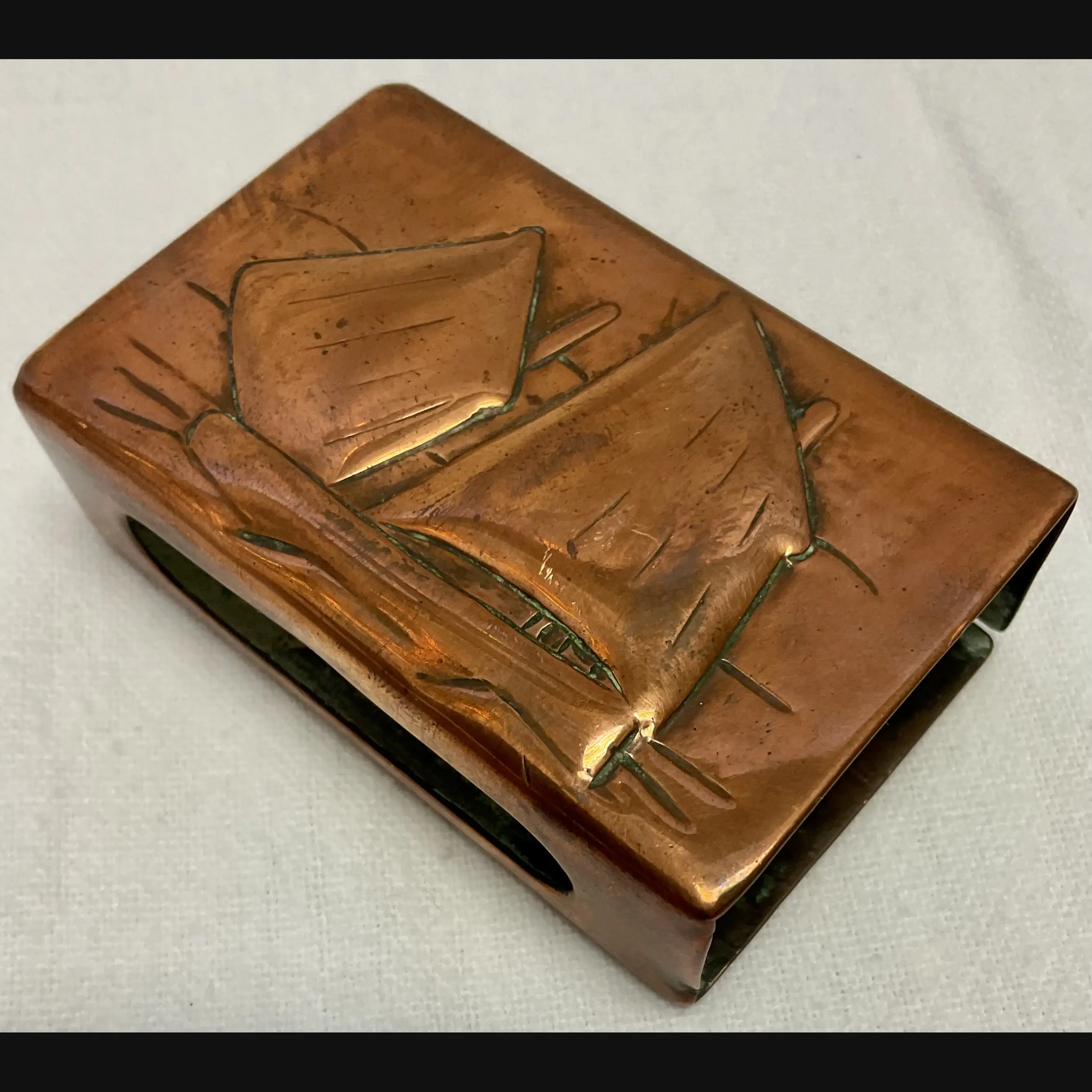 newlyn industrial class arts and crafts copper match box holder with lugger