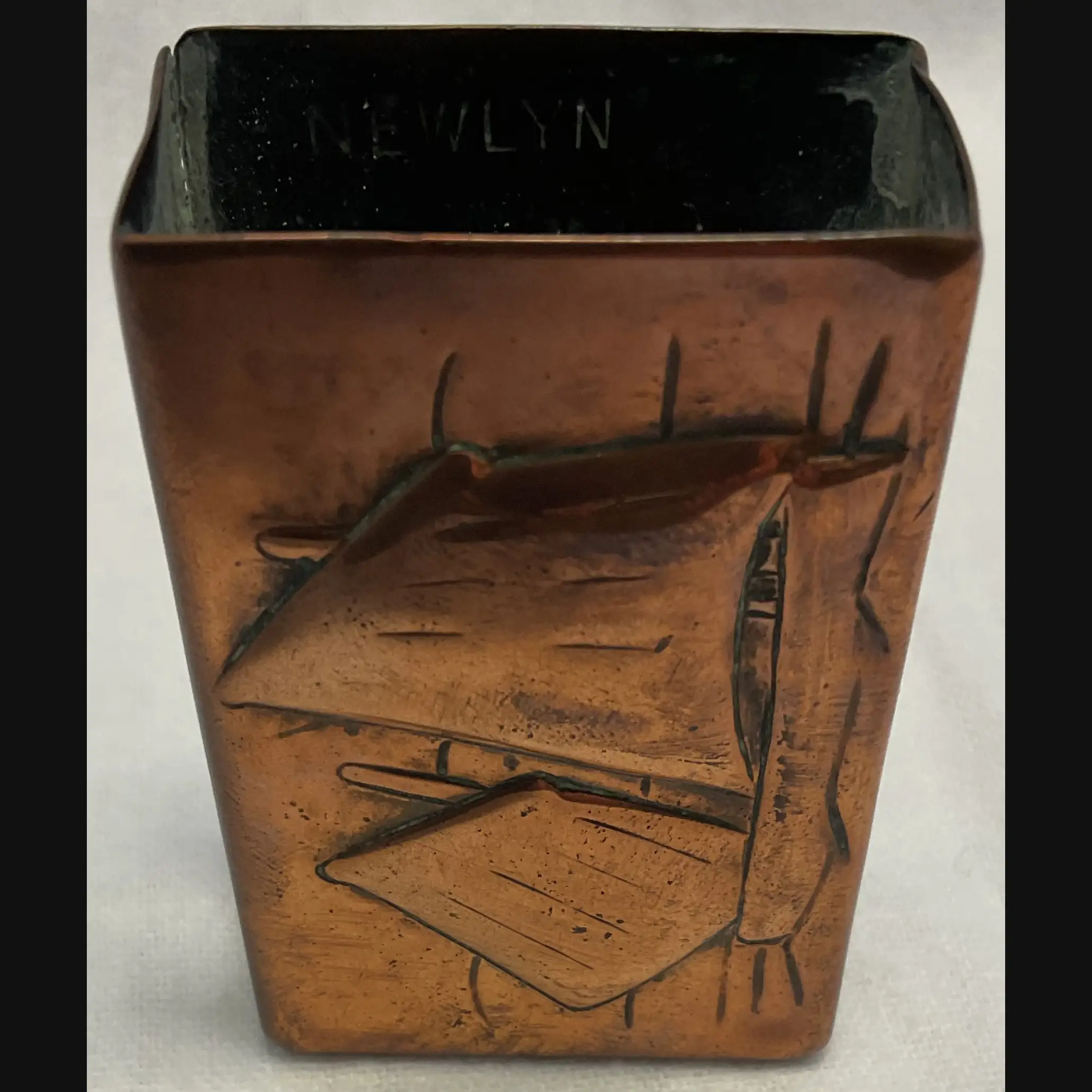 newlyn industrial class arts and crafts copper match box holder with lugger