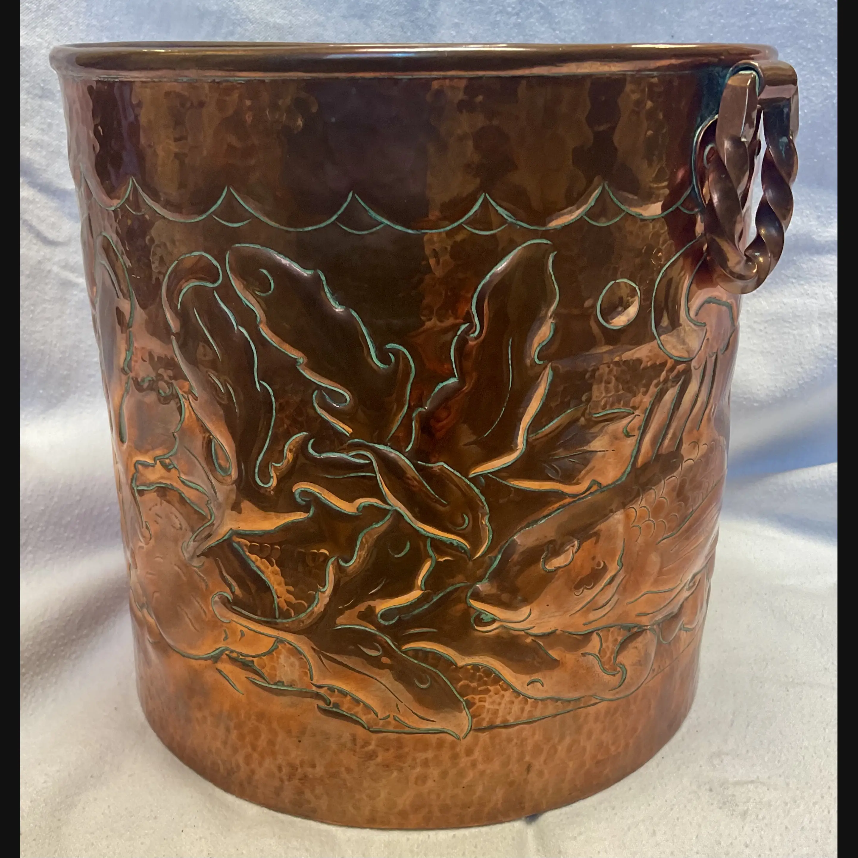 large newlyn arts and crafts copper jardiniere fish and seaweed with double twist loop handles