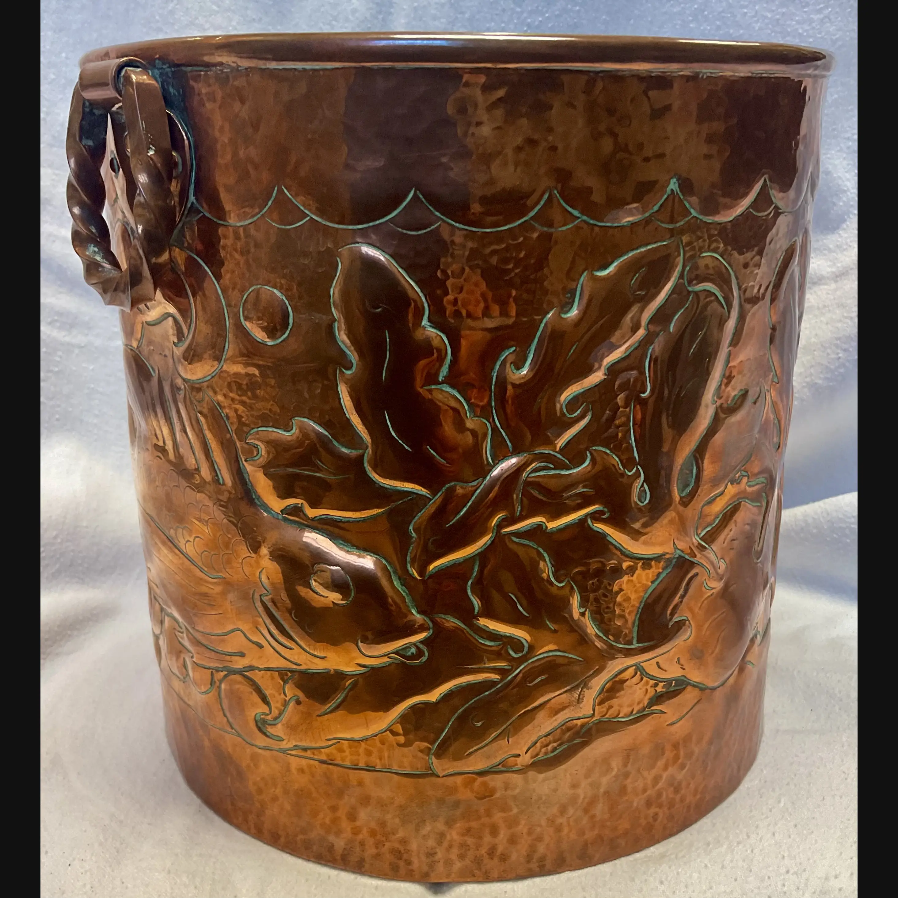 large newlyn arts and crafts copper jardiniere fish and seaweed with double twist loop handles
