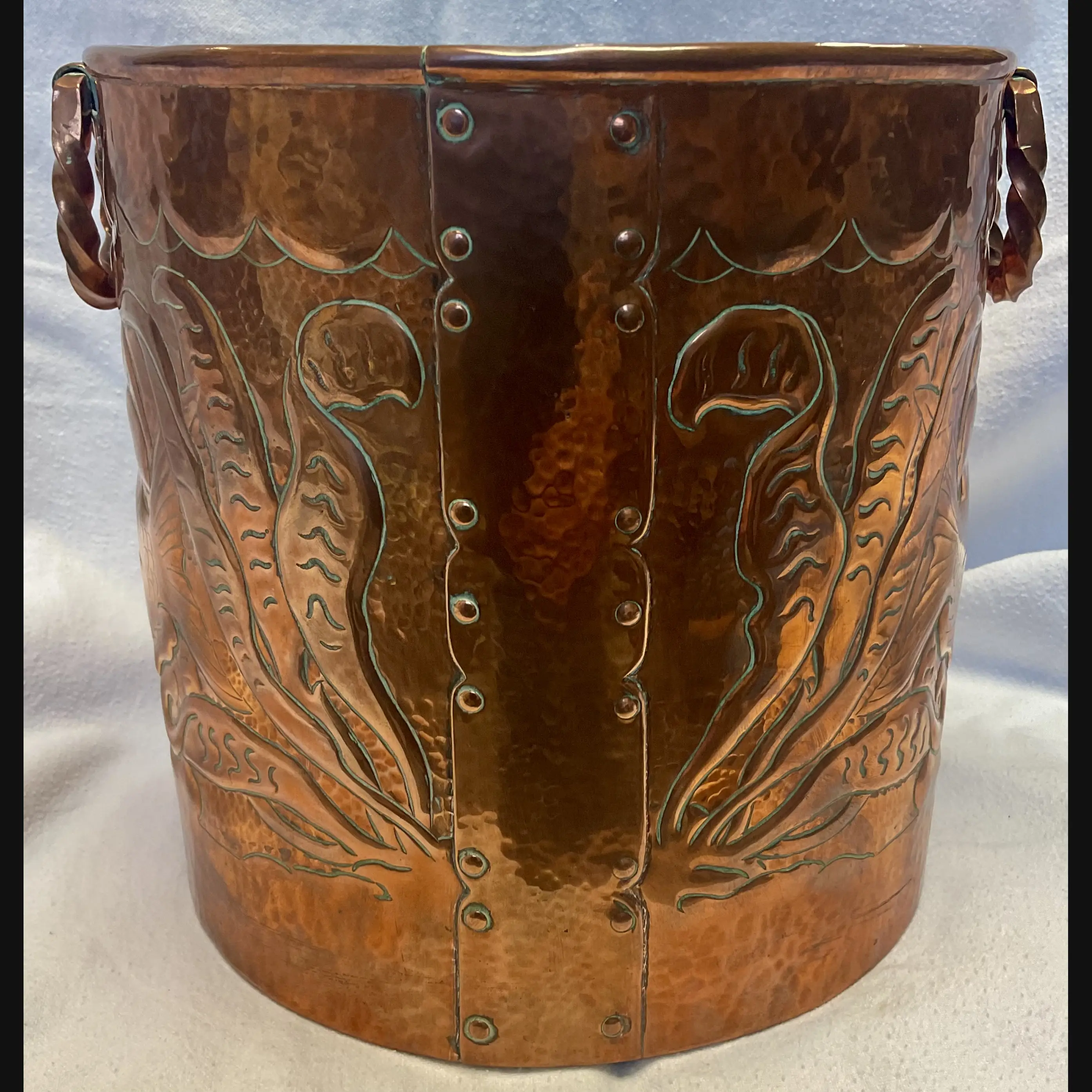 large newlyn arts and crafts copper jardiniere fish and seaweed with double twist loop handles