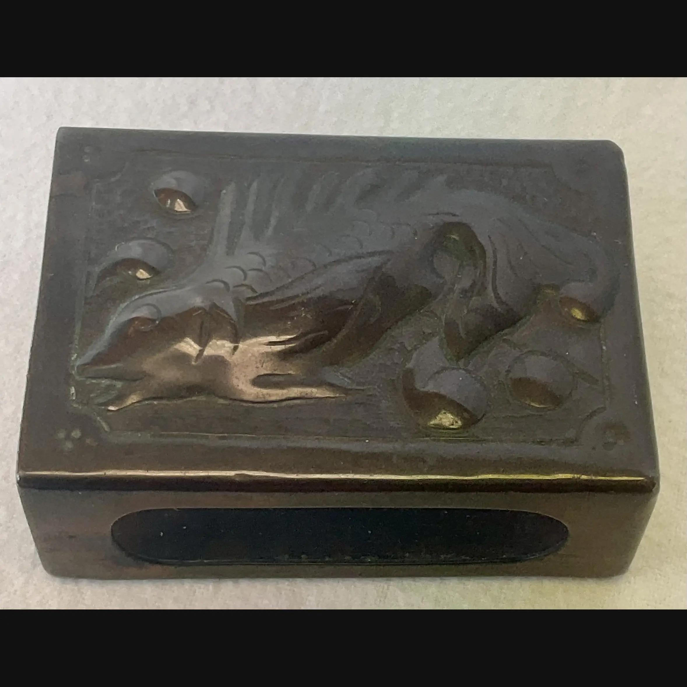 newlyn industrial class arts and crafts copper match box cover untouched original patina c1900