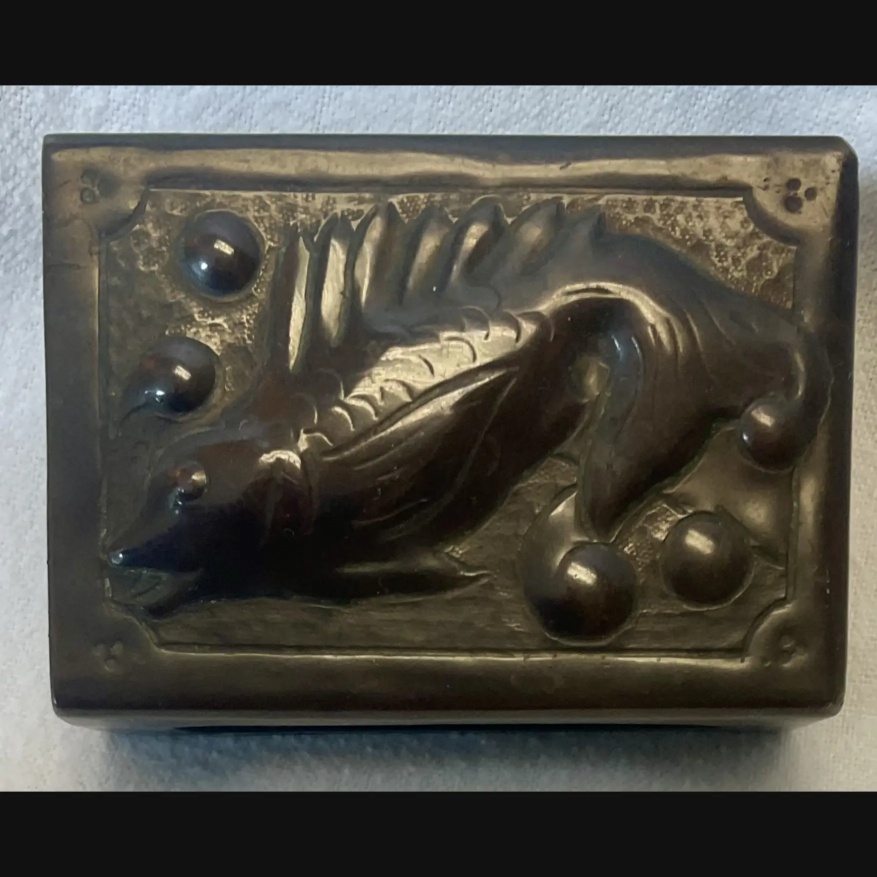 newlyn industrial class arts and crafts copper match box cover untouched original patina c1900