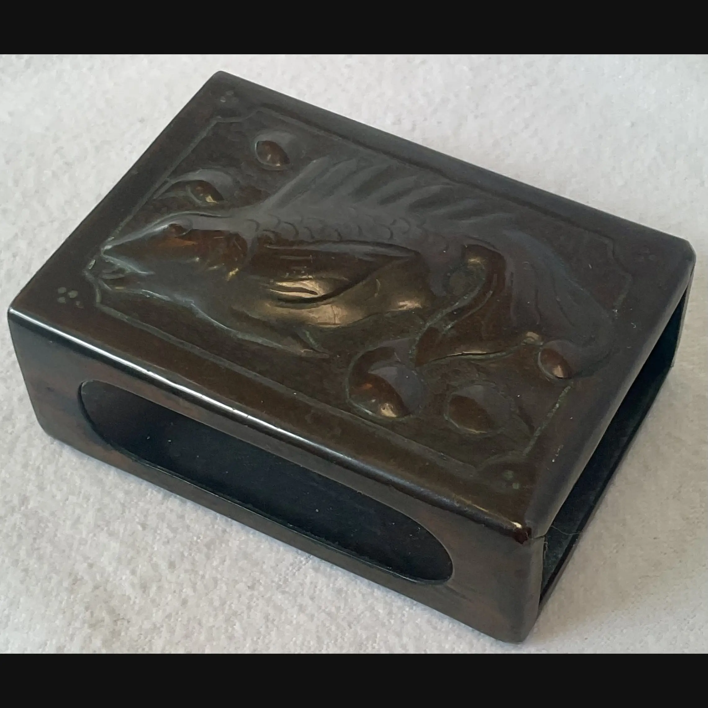 newlyn industrial class arts and crafts copper match box cover untouched original patina c1900