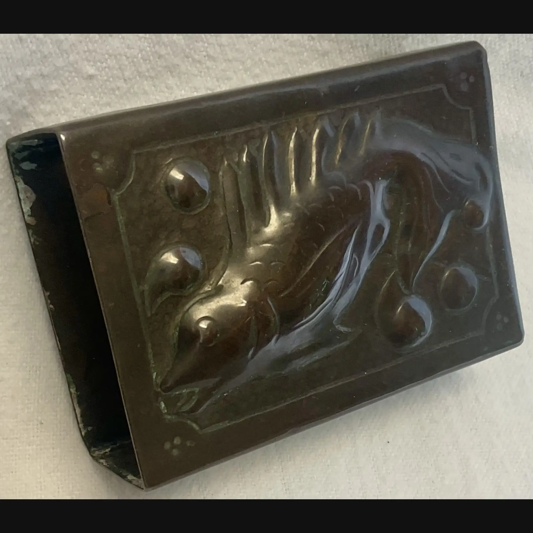 newlyn industrial class arts and crafts copper match box cover untouched original patina c1900