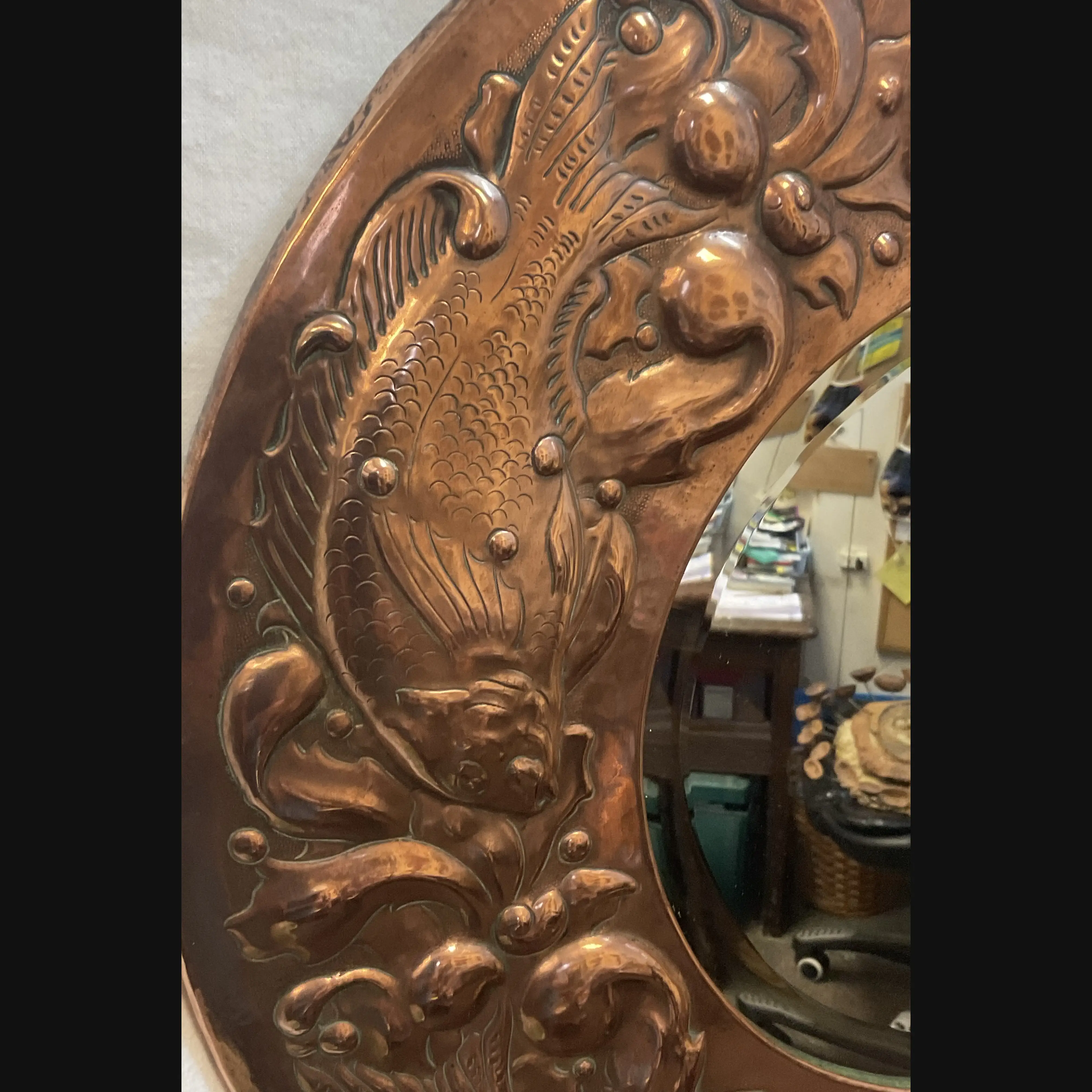 large newlyn circular copper hall mirror with large fish and seaweed bevelled mirror plate pre 1906