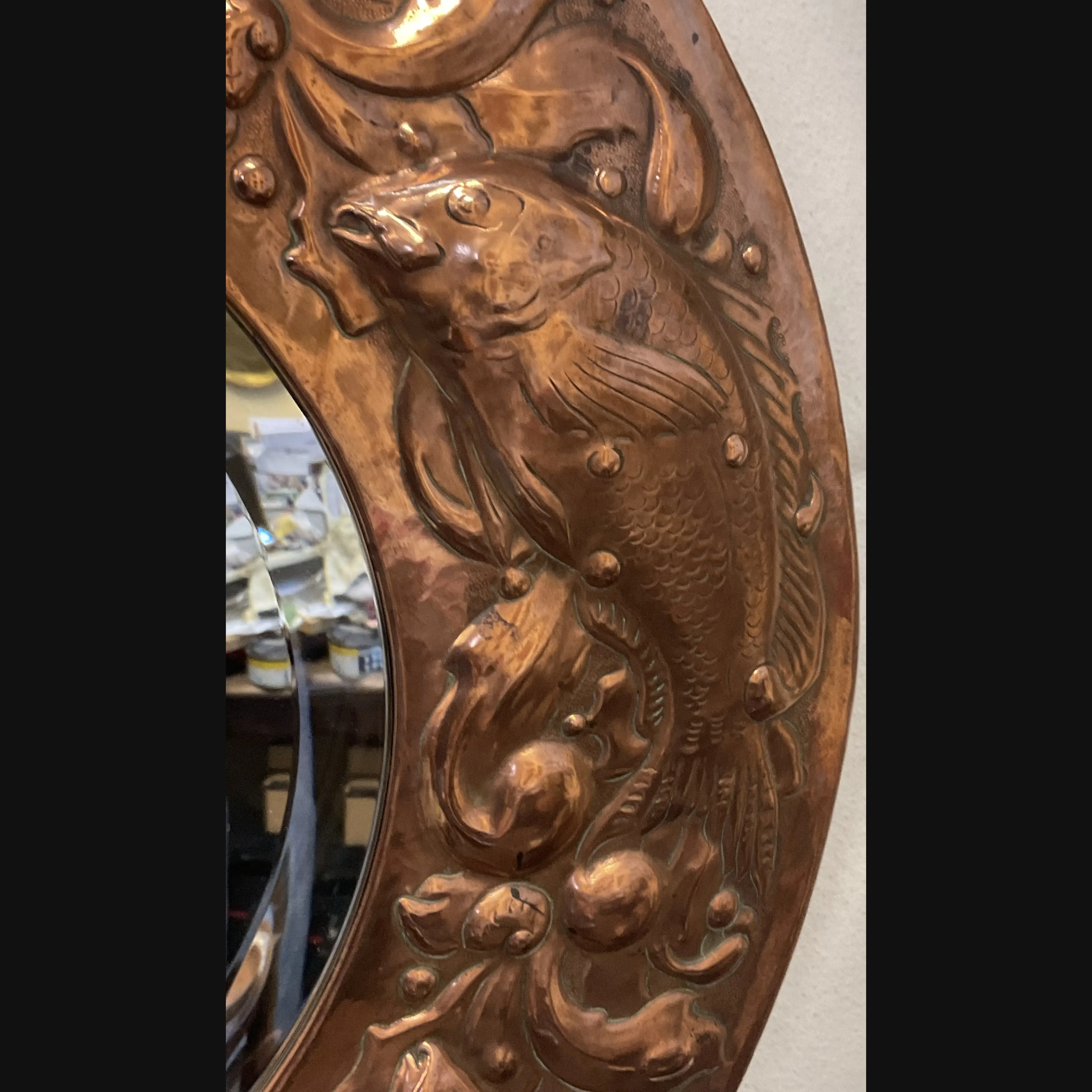 large newlyn circular copper hall mirror with large fish and seaweed bevelled mirror plate pre 1906
