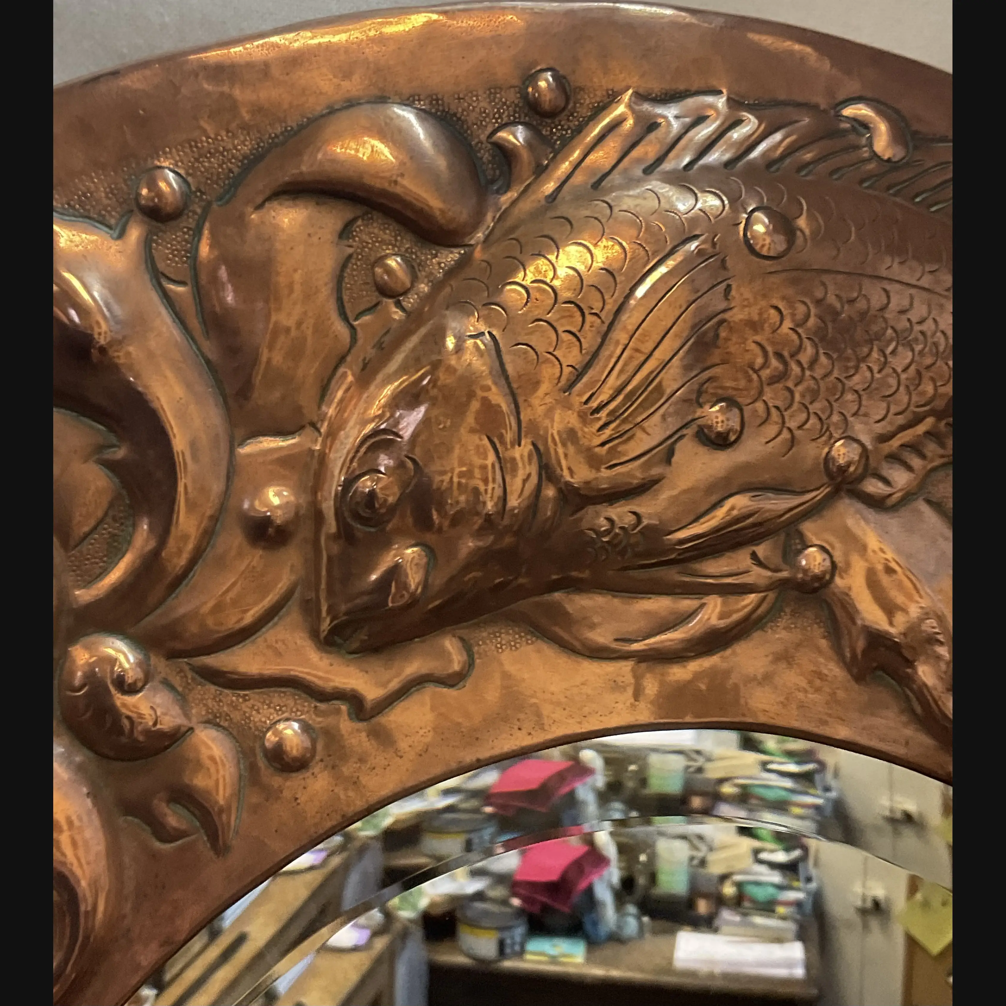 large newlyn circular copper hall mirror with large fish and seaweed bevelled mirror plate pre 1906