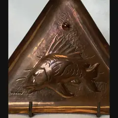 newlyn school arts and crafts triangular copper card tray with fish stamped newlyn