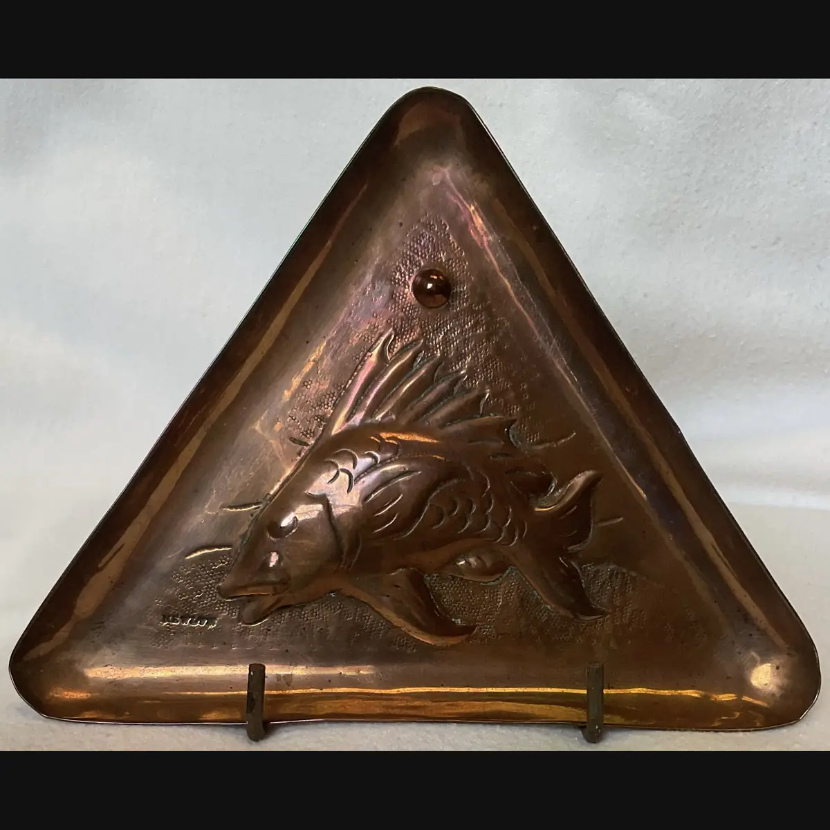 newlyn school arts and crafts triangular copper card tray with fish stamped newlyn