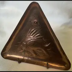 newlyn school arts and crafts triangular copper card tray with fish stamped newlyn