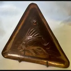 newlyn school arts and crafts triangular copper card tray with fish stamped newlyn