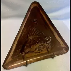 newlyn school arts and crafts triangular copper card tray with fish stamped newlyn