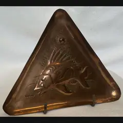 newlyn school arts and crafts triangular copper card tray with fish stamped newlyn