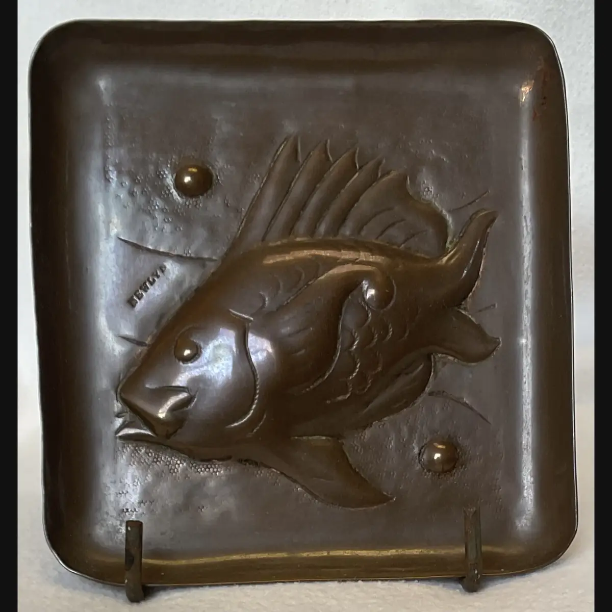 newlyn school arts and crafts copper pin tray with fish and newlyn marked